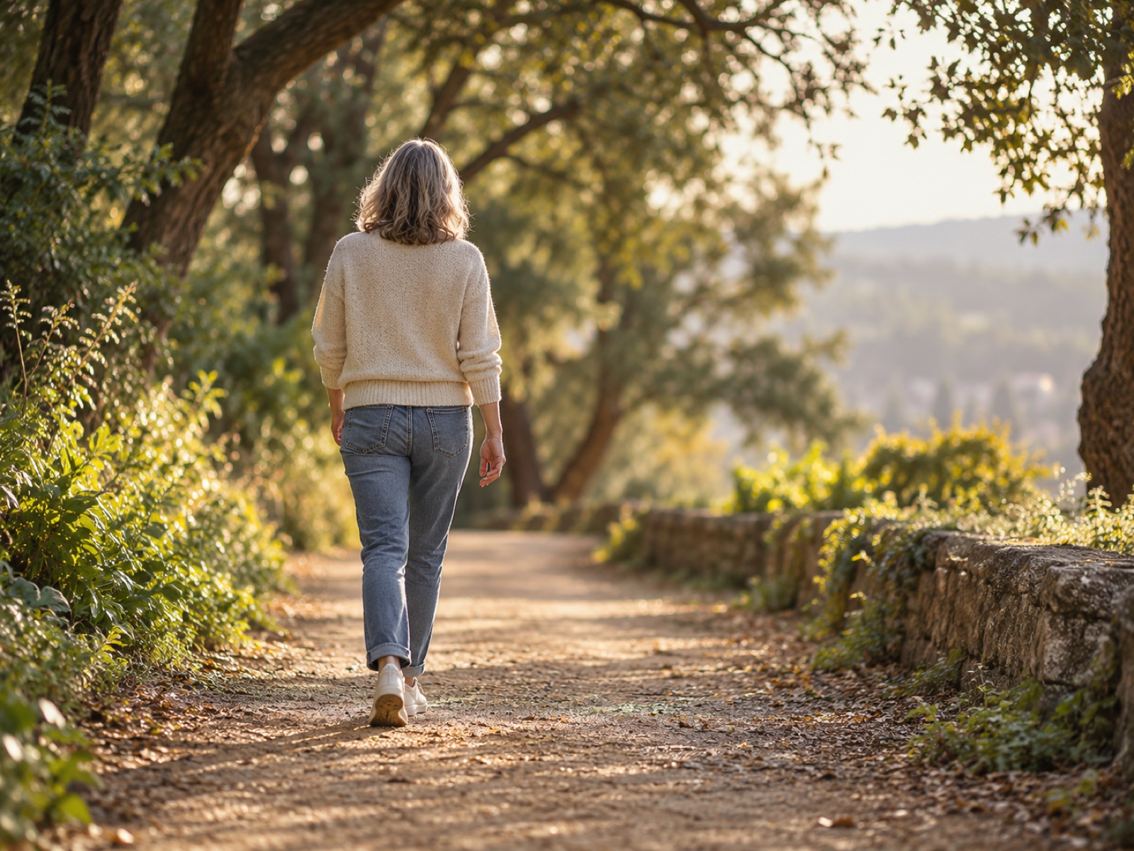 A person walking steadily along a shaded, tree-lined path in soft afternoon light, seen from behind.