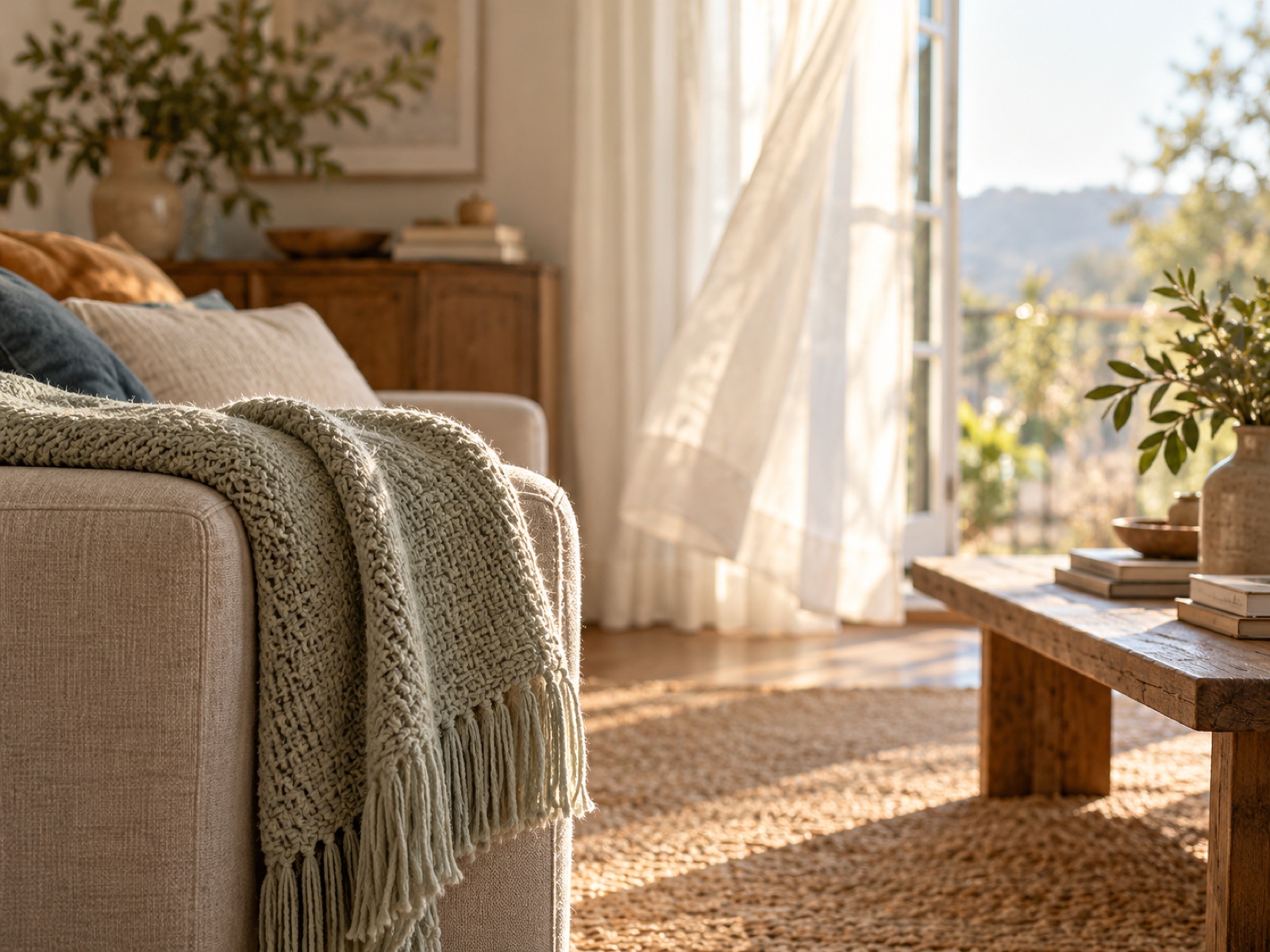 A soft knit blanket folded over a sofa arm in a sunlit living room, a cool breeze from a window beyond.