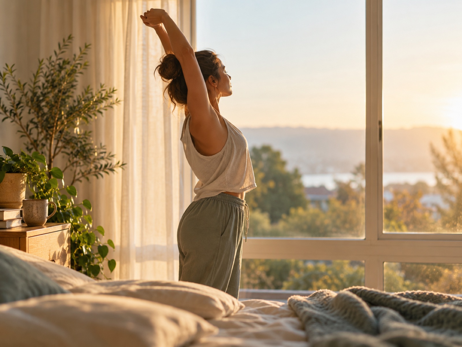 A person gently stretching beside a sunlit window first thing in the morning, unhurried and calm.