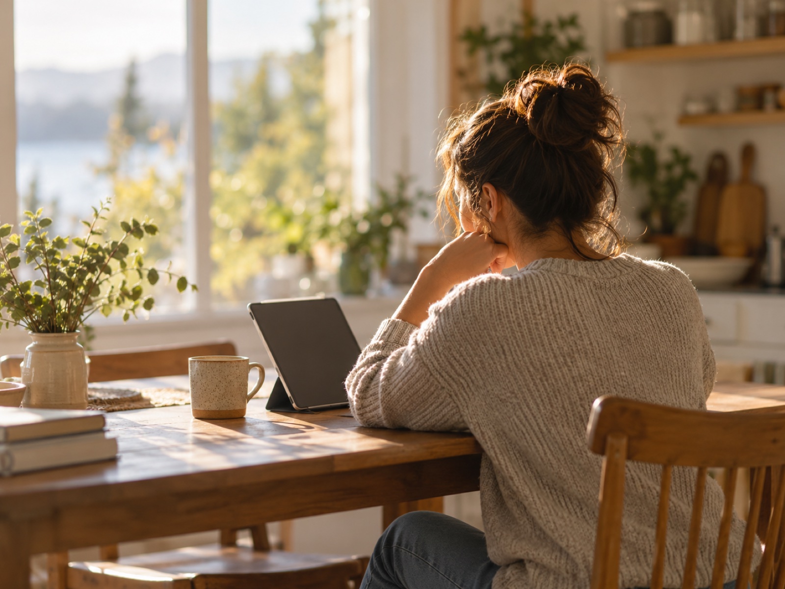 A person sitting at a warm kitchen table looking thoughtfully at a tablet, soft morning light.