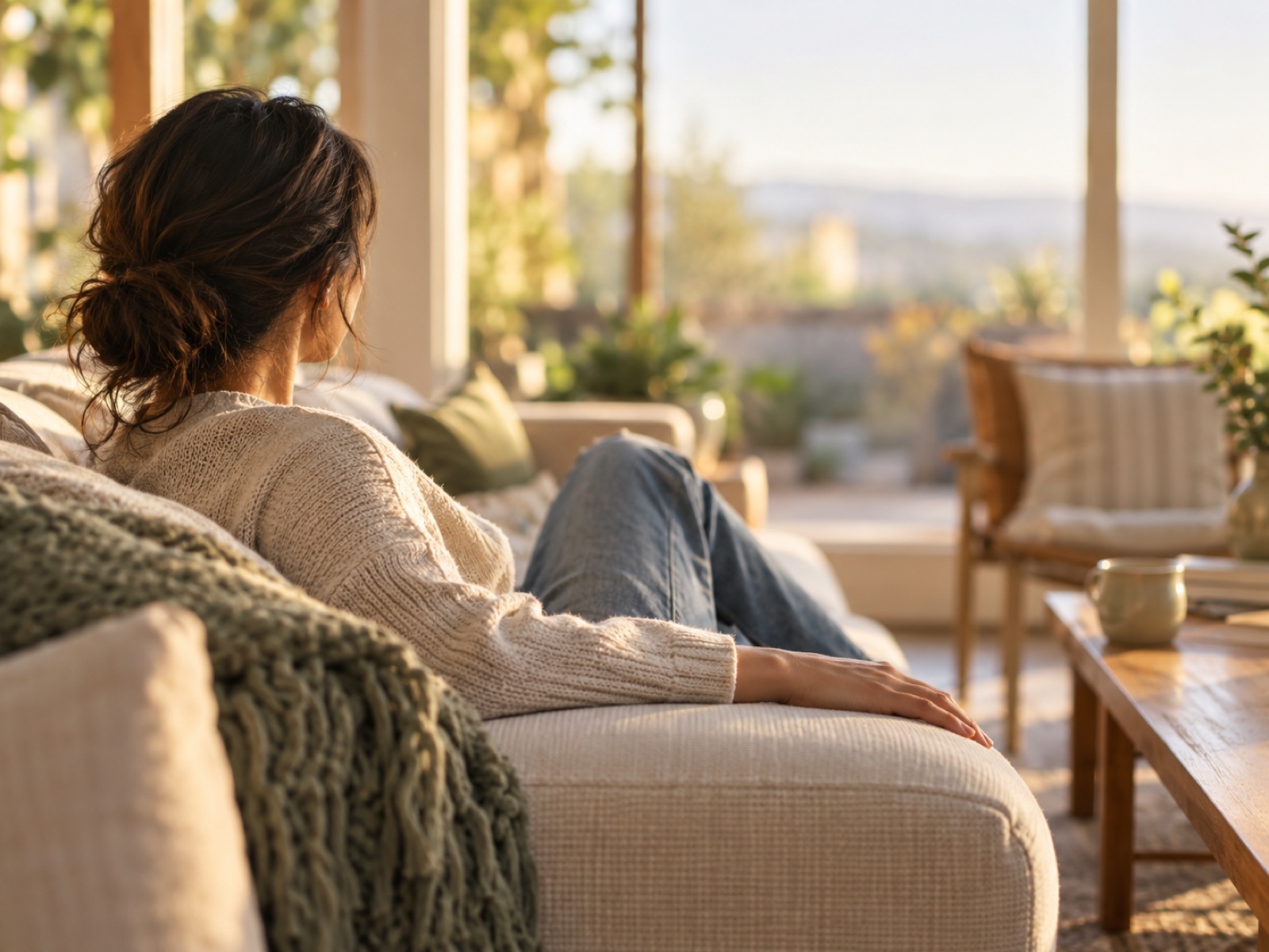 A person resting carefully on a sofa in soft afternoon light, a steadying hand on the armrest.