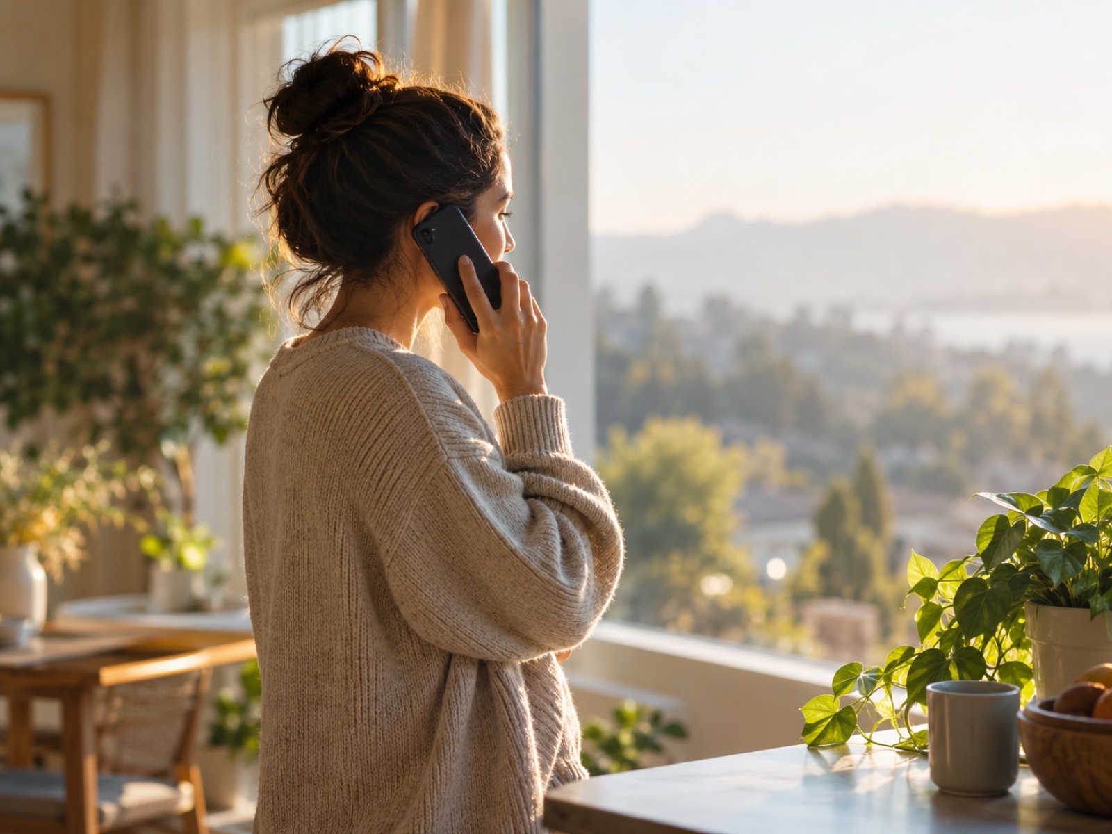 A person making a calm phone call by a bright window in the early morning, unhurried but attentive.