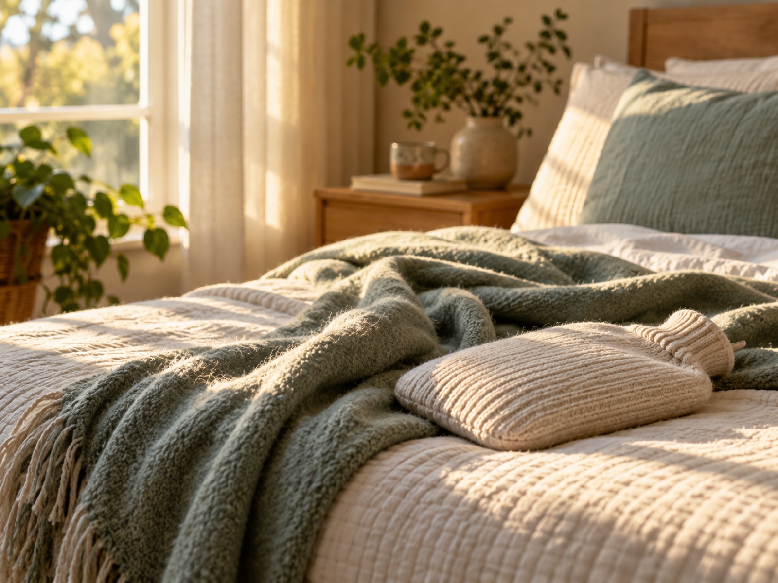 A warm compress and a soft blanket laid out on a made bed in gentle afternoon light.