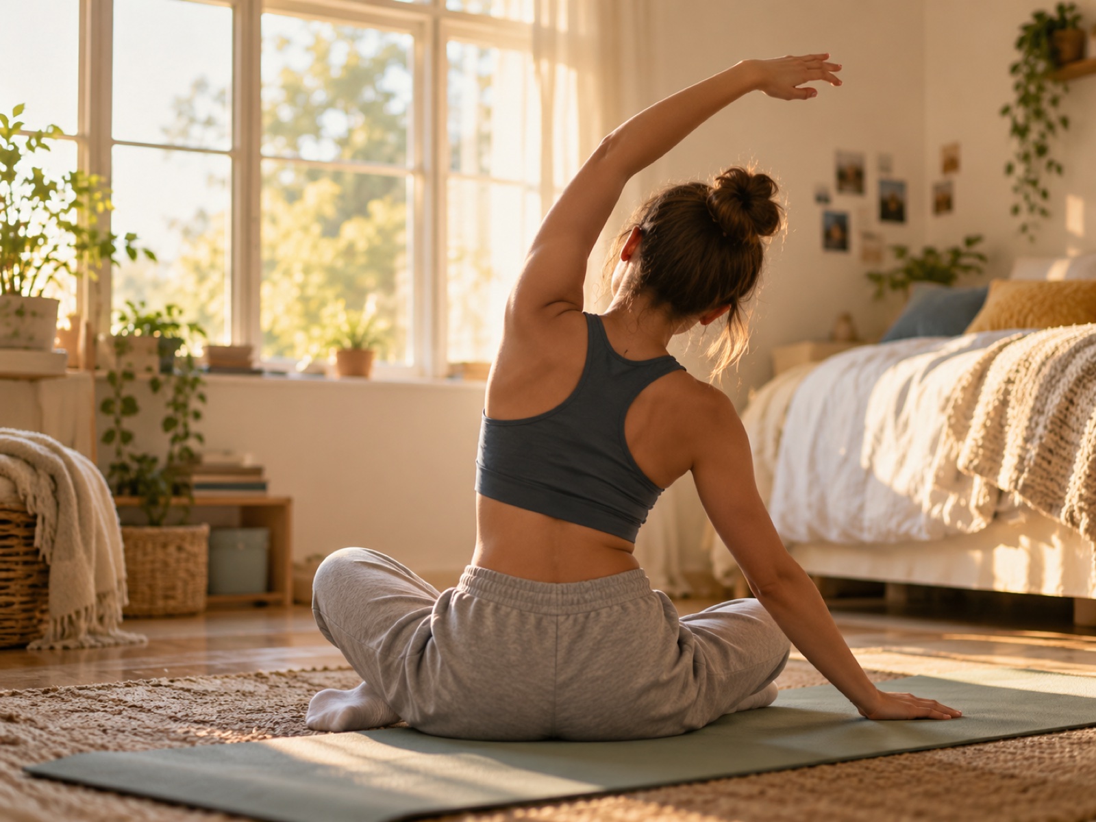 A teenager stretching on a mat in a bright bedroom, seen from behind, relaxed posture.