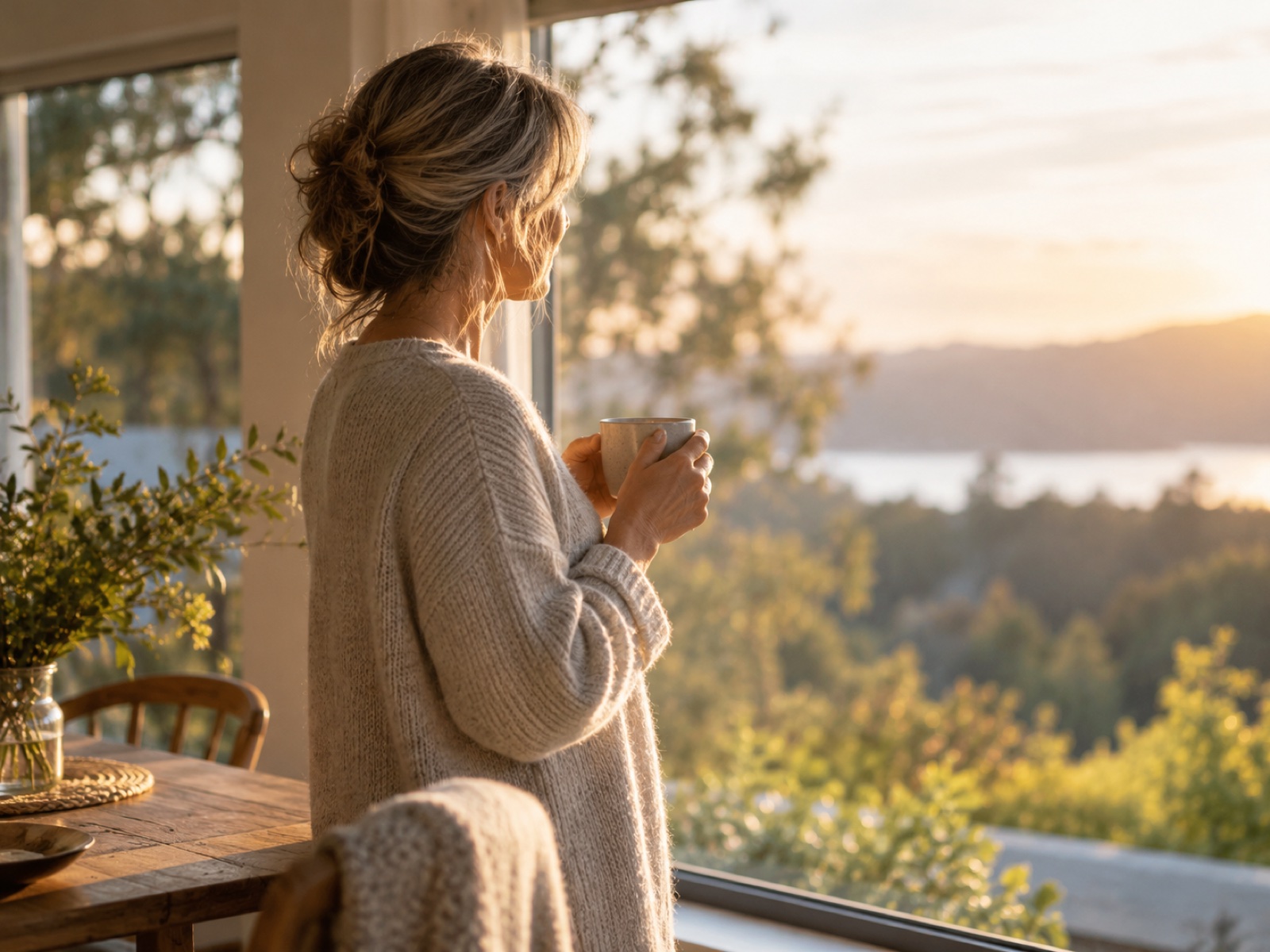 A woman standing at a sunlit window with a cup of tea, calm and reflective, seen from the side.
