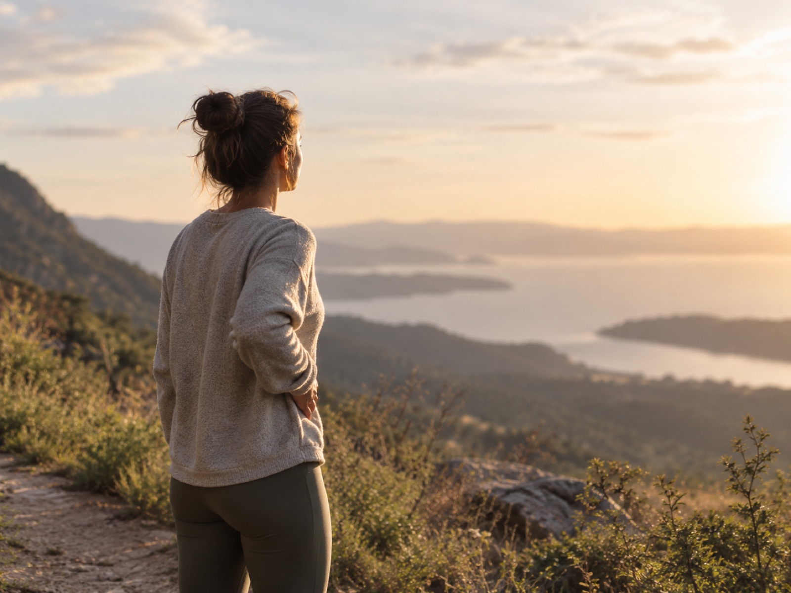 A person pausing on a quiet morning walk, taking a slow breath with a hand resting lightly on their side.