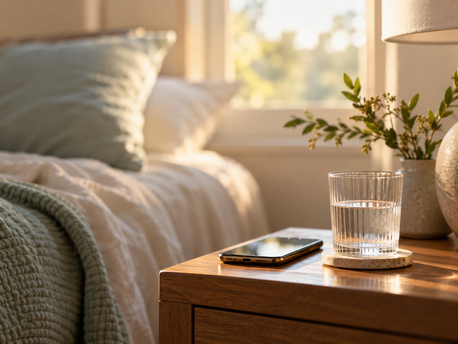 A phone and a glass of water on a nightstand in soft early morning light, calm and still.