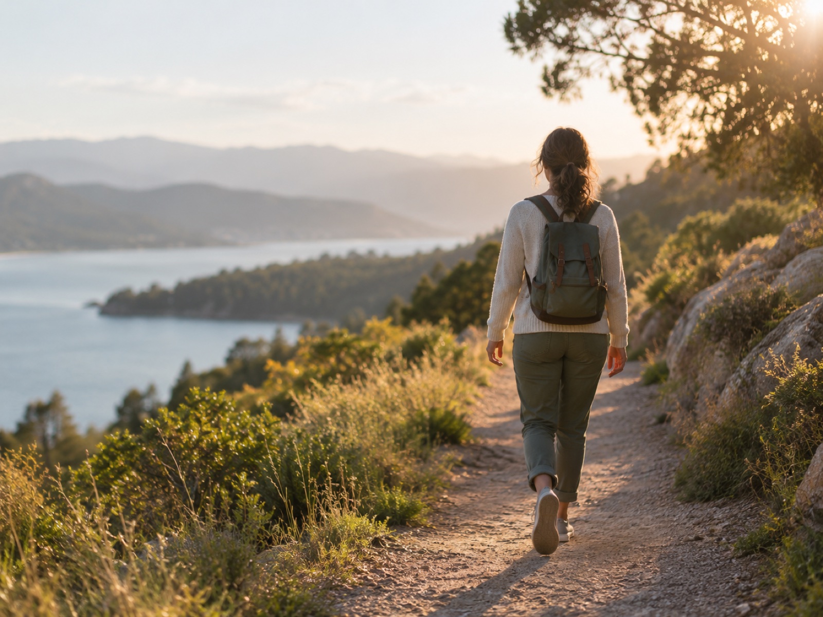 A person walking confidently along a sunlit path, upright and at ease, seen from behind.
