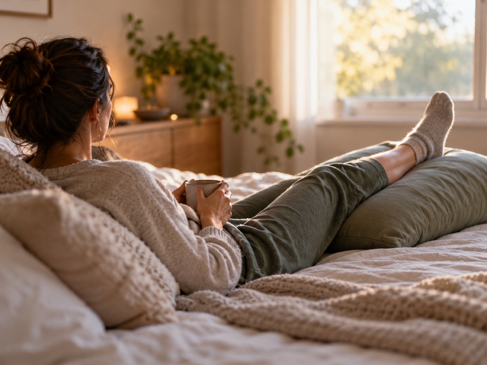 A person resting on a bed with a leg gently elevated on a cushion, calm bedroom light.