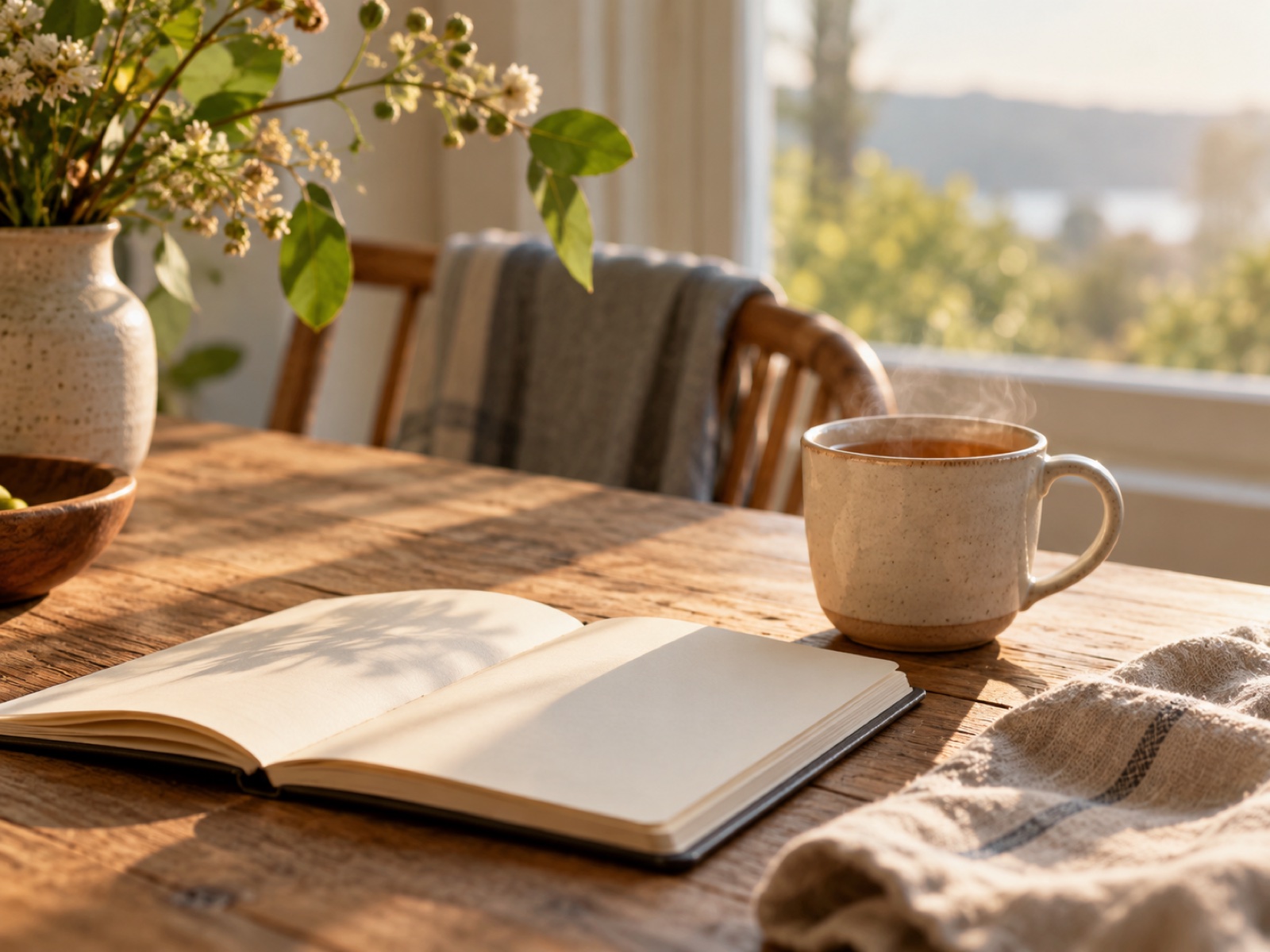 A cup of tea and an open notebook on a sunlit table, quiet and unhurried.