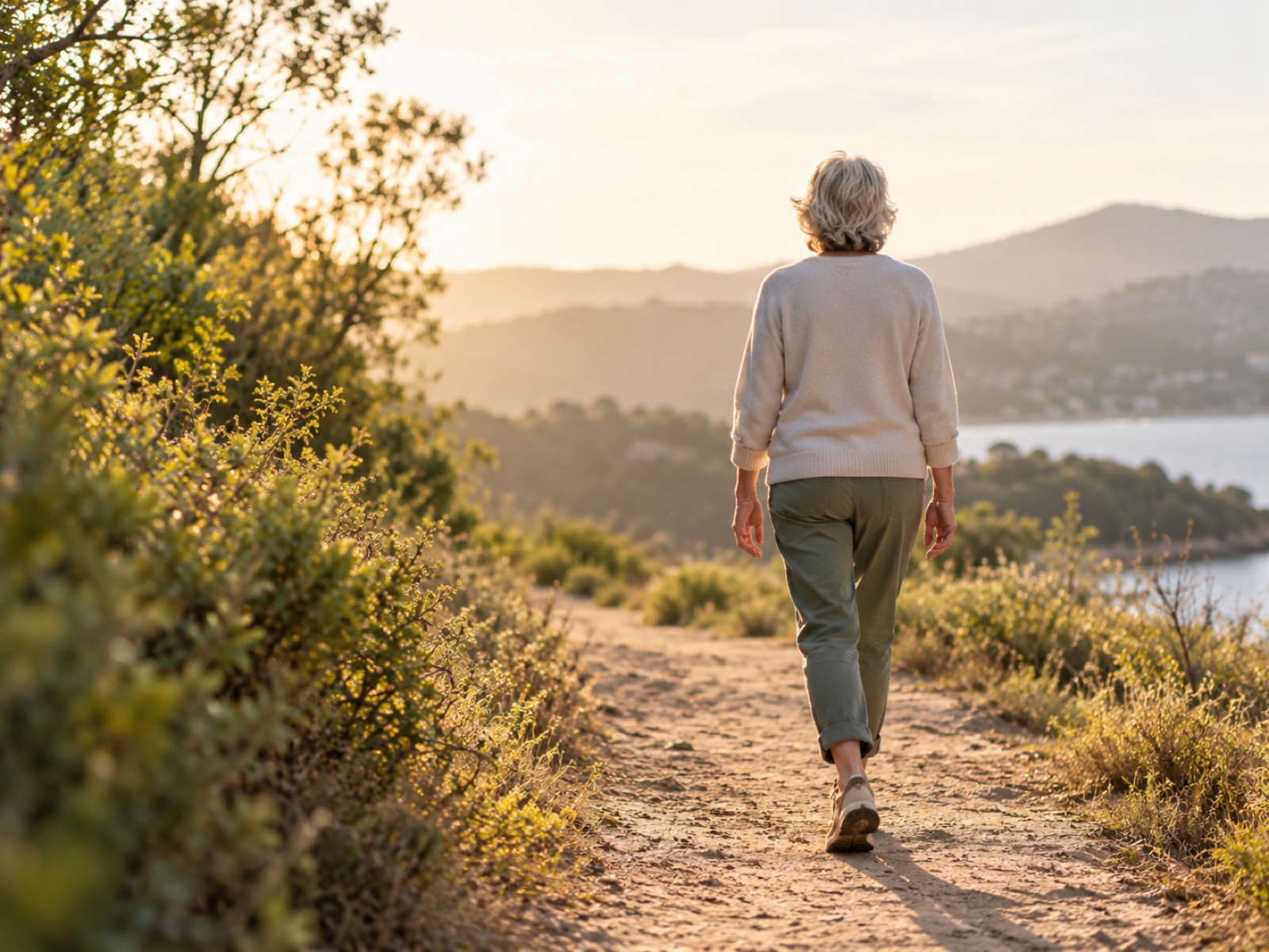 An older adult walking steadily along a sunlit path with a confident, upright posture.