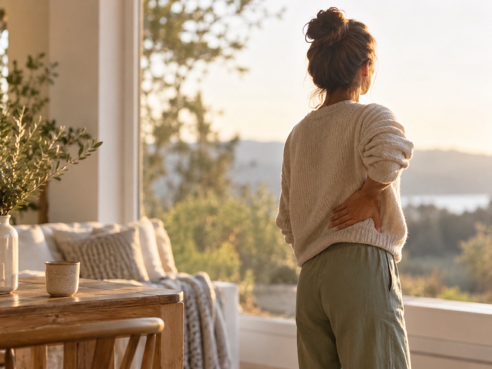 A person pausing by a sunlit window, one hand resting lightly on their back, calm expression unseen.
