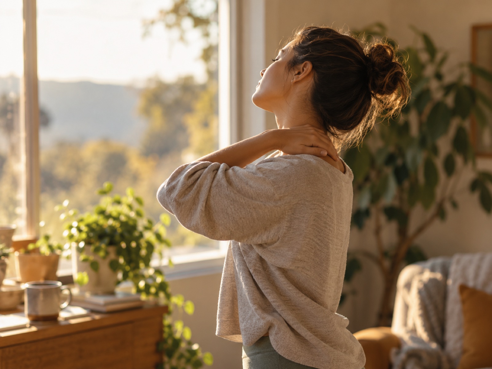 A person gently rolling their neck and shoulders by a sunlit window, calm and unhurried.