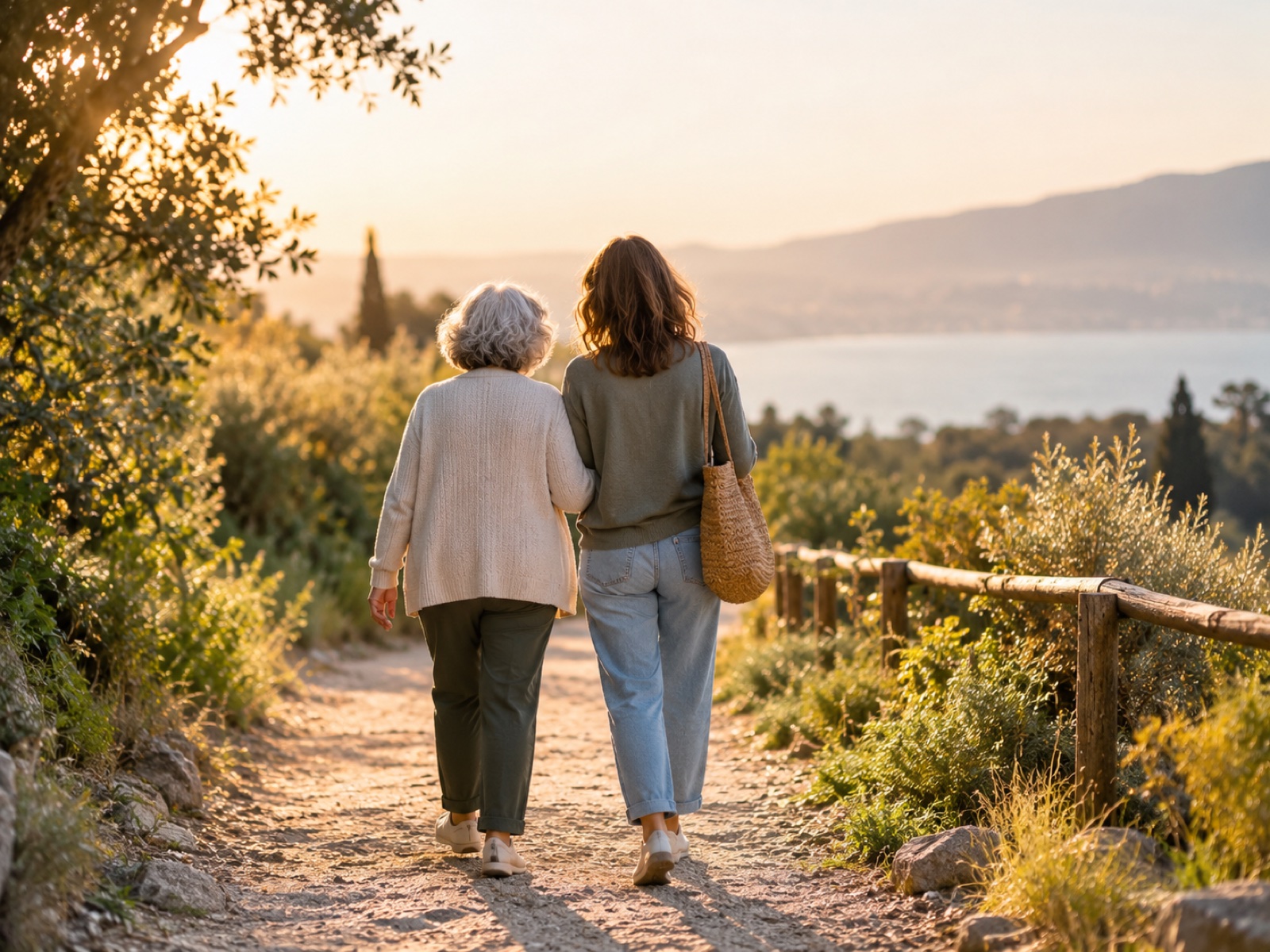 Two generations walking together along a sunlit path, seen from behind, warm and unhurried.