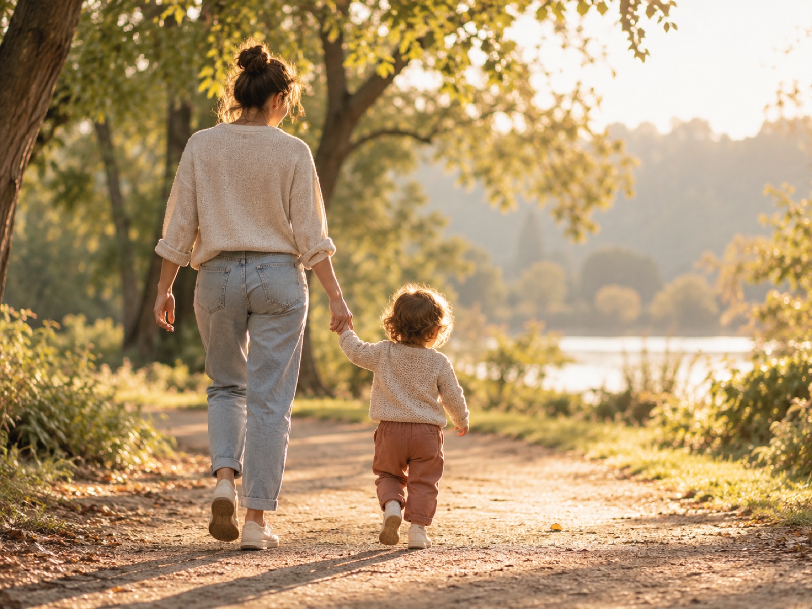 A parent walking in a sunlit park holding a toddler's hand, upright posture, seen from behind.