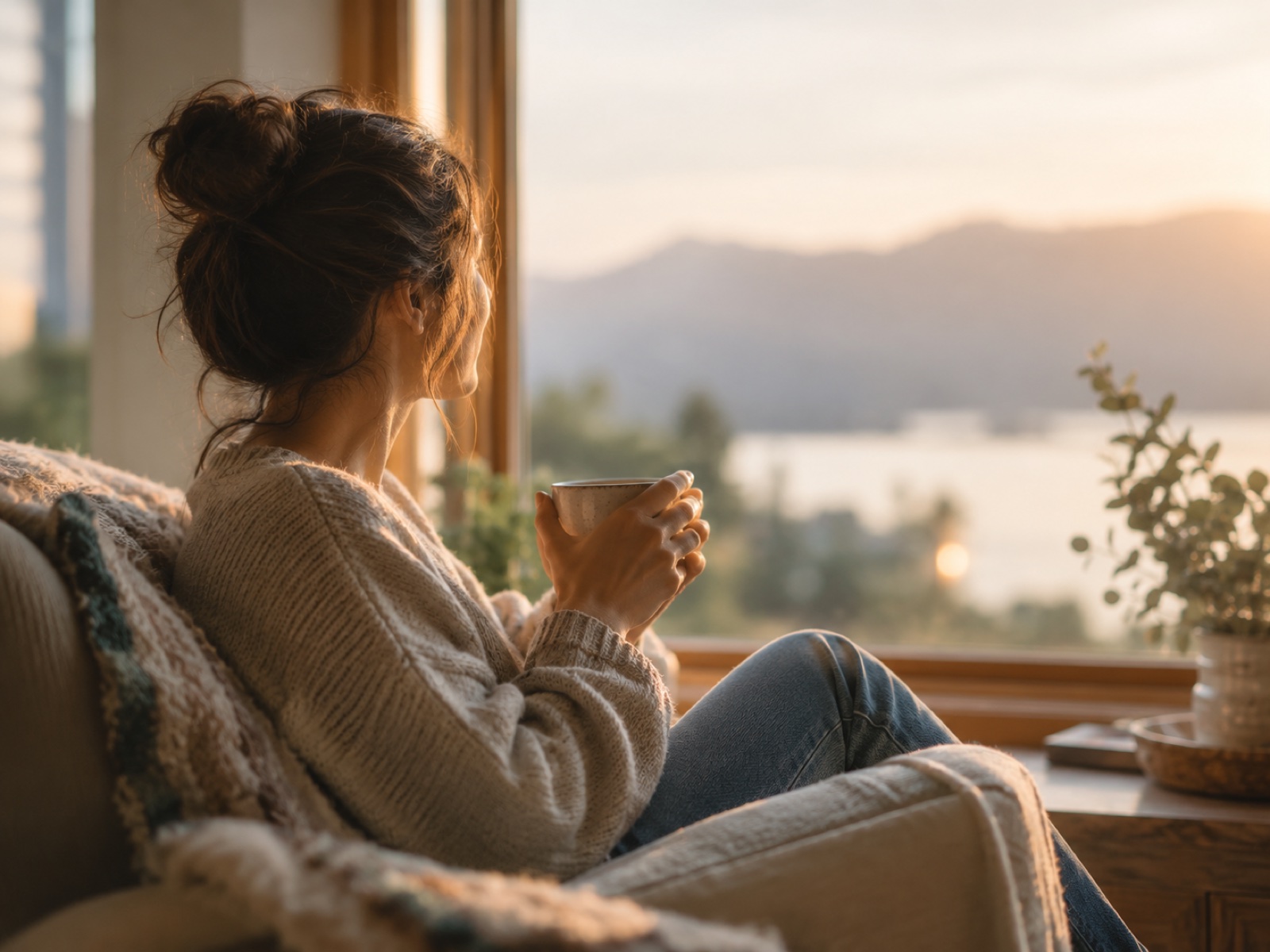 A person sitting quietly by a window with a cup of tea, calm and reflective in soft light.