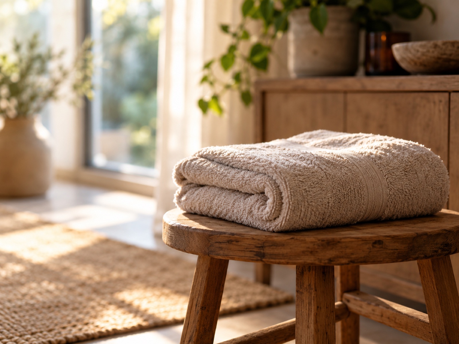 A neatly folded warm towel on a low wooden stool in a quiet, softly lit room.
