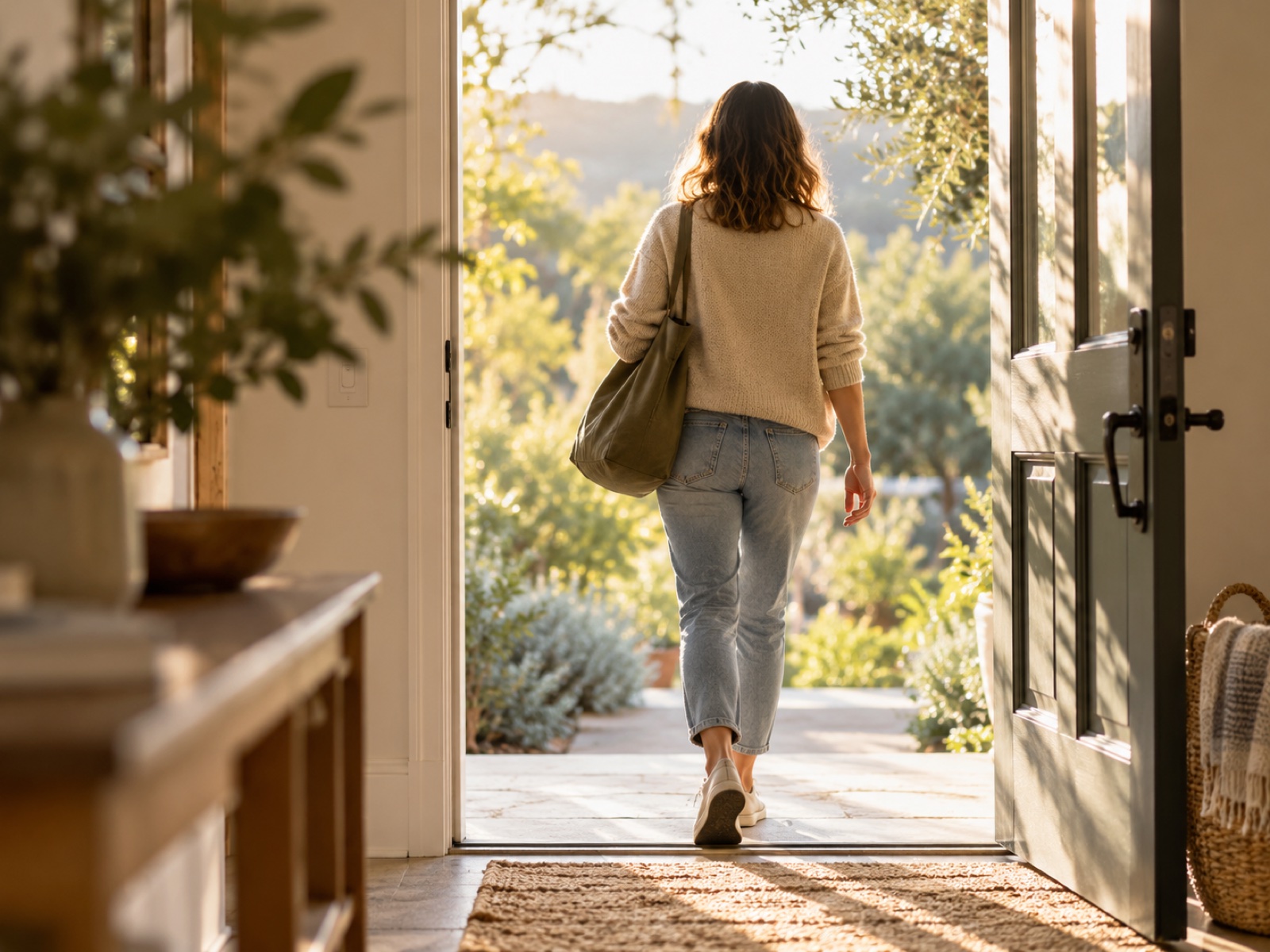 A person stepping out through a bright doorway into warm daylight, walking steadily, seen from behind.