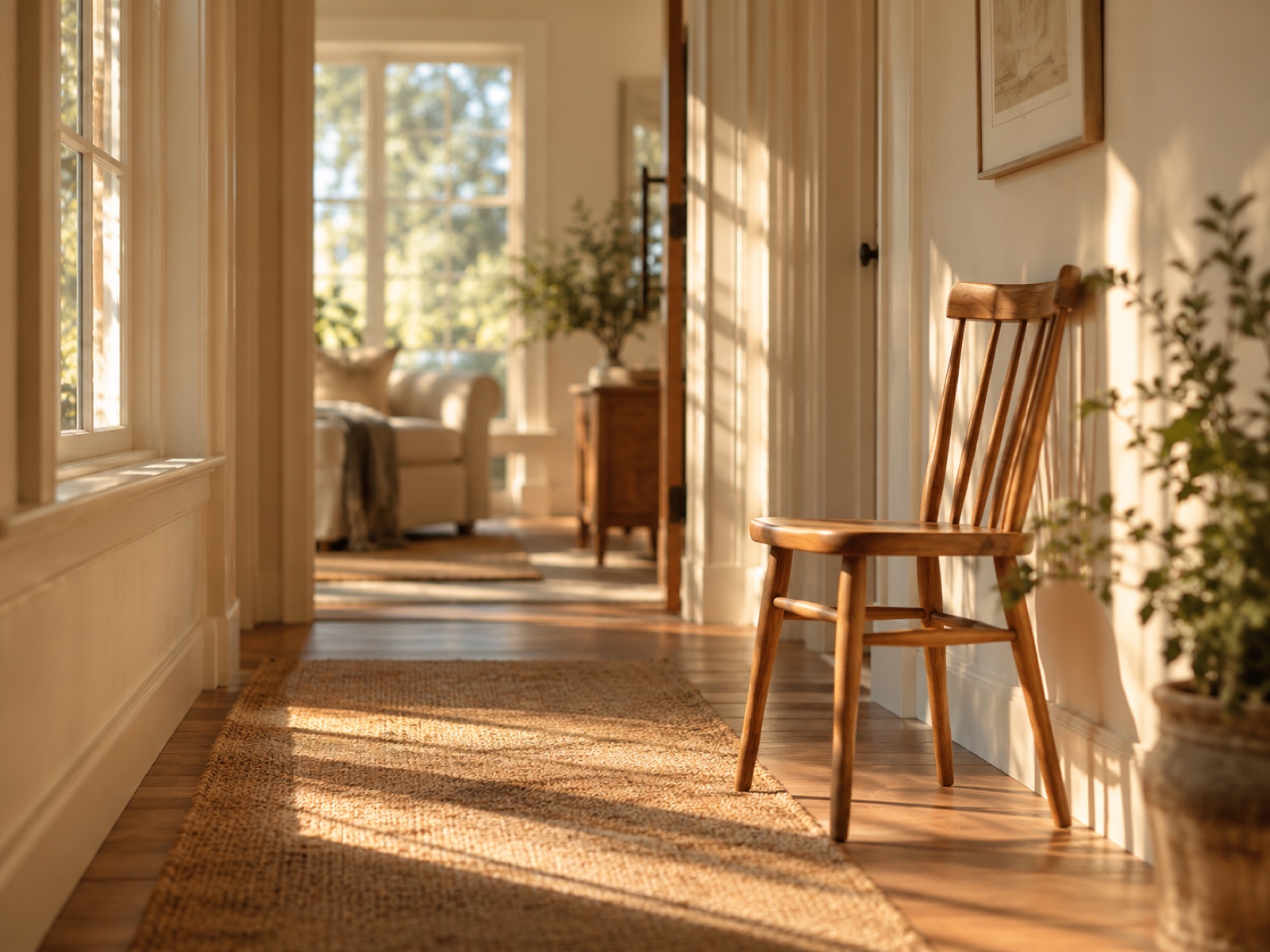 A quiet, sunlit corridor with warm light and a single chair, calm and still.
