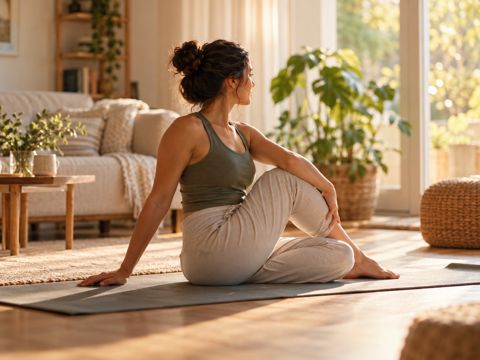 A person pausing mid-stretch on a mat in a sunlit room, calm and attentive to their body.