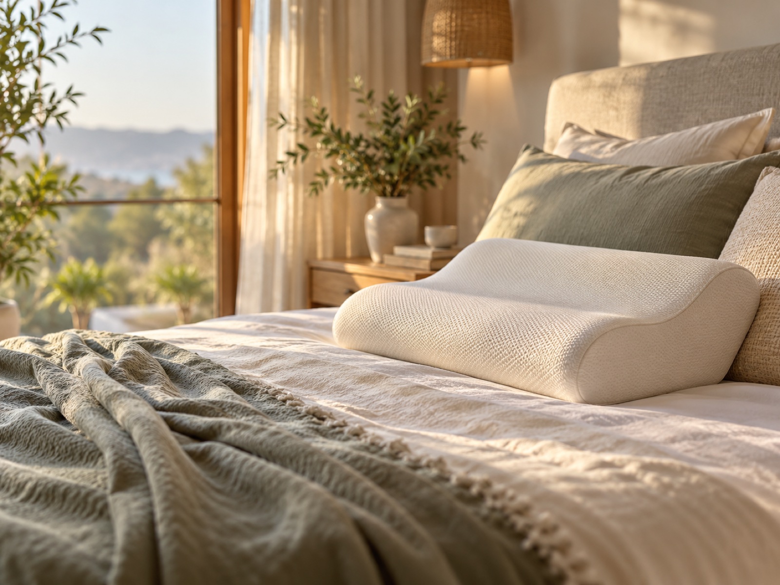 A neatly made bed with a soft contoured pillow in gentle morning light.