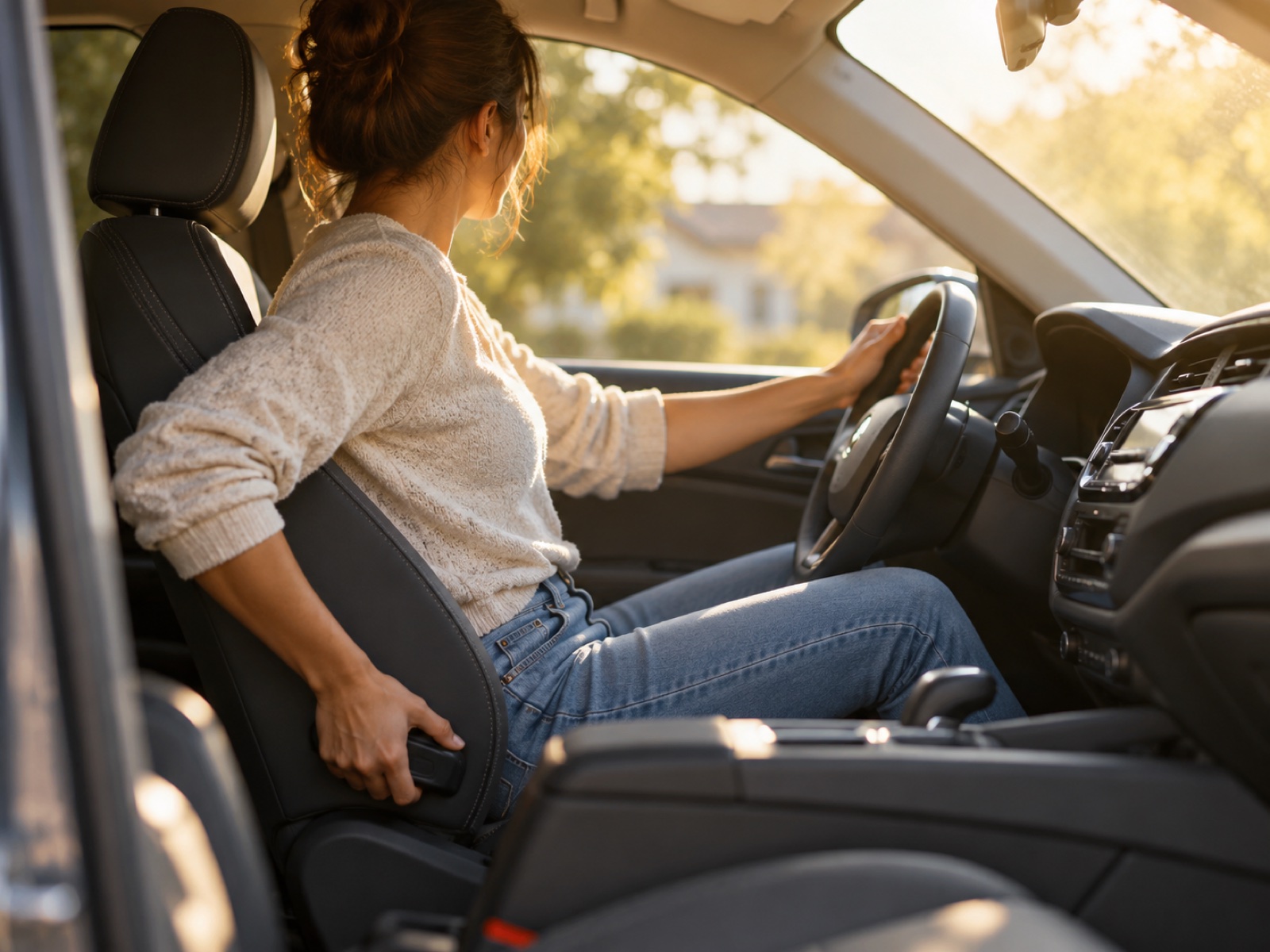 A person adjusting their car seat before driving, warm morning light through the windscreen, seen from the side.