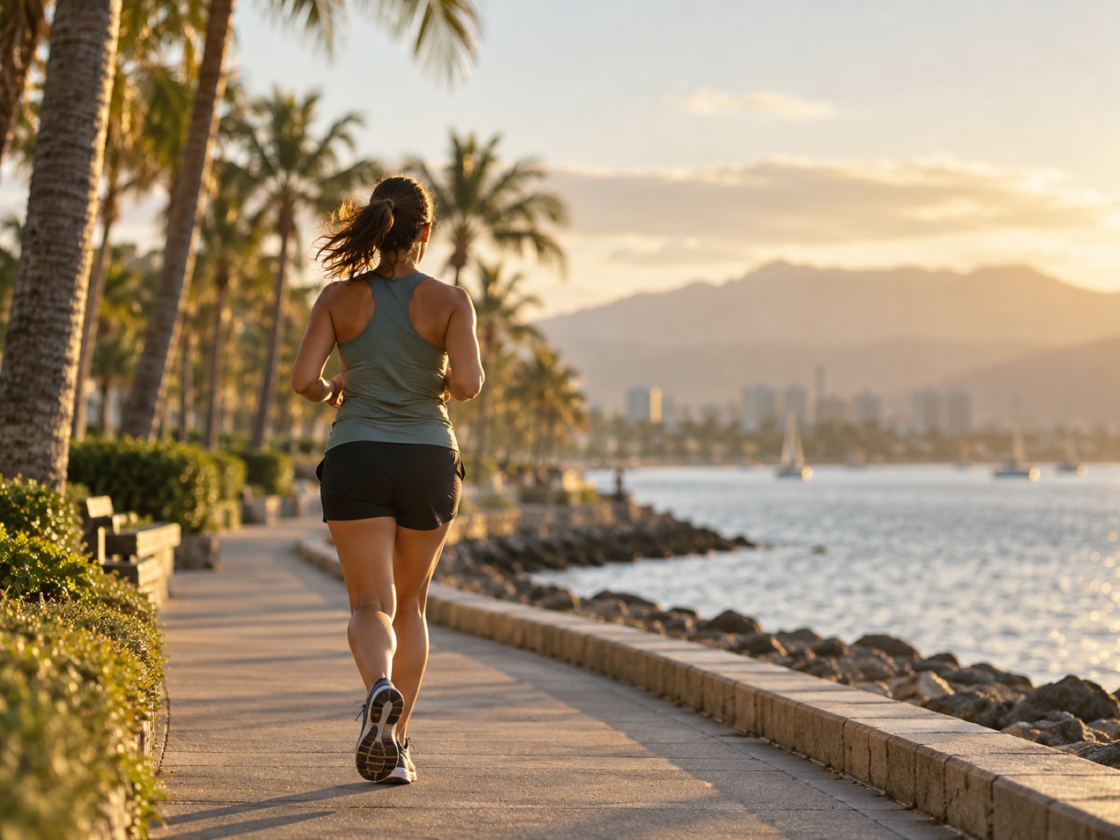 A person jogging lightly along a sunlit waterfront promenade, relaxed pace, seen from behind.