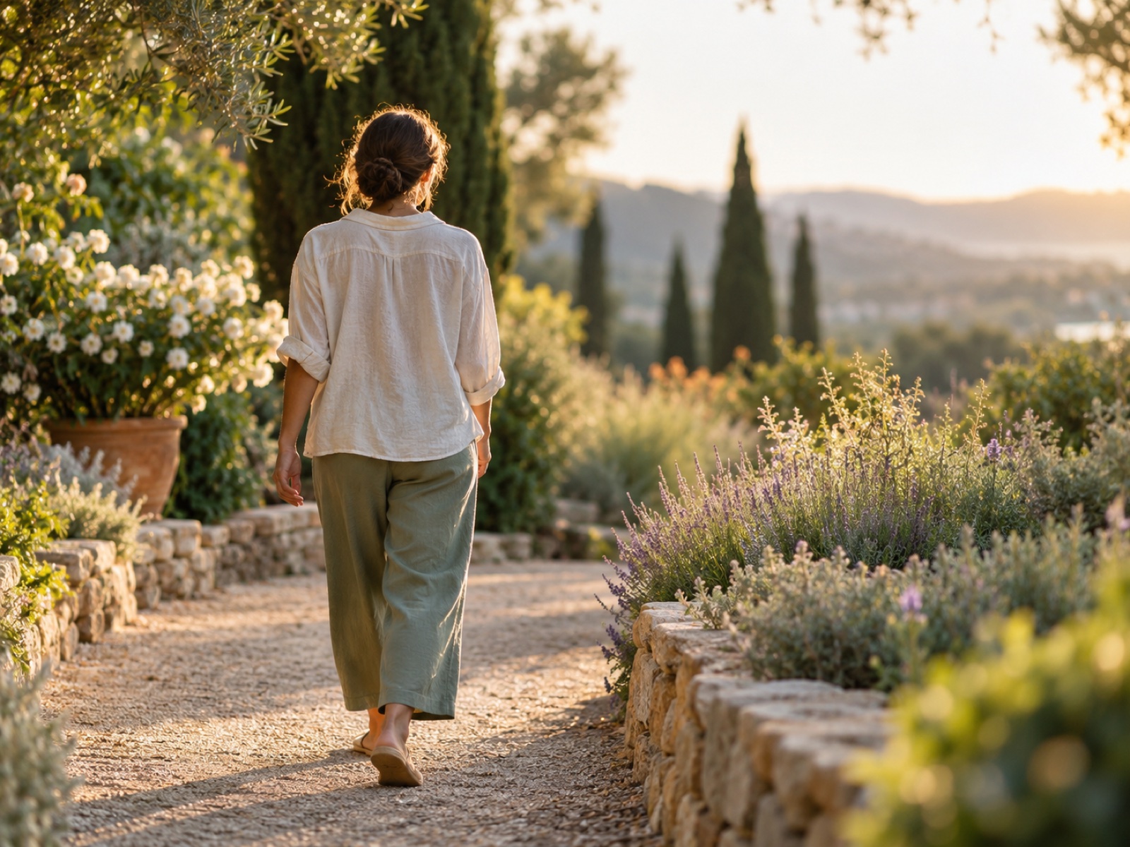A person walking slowly through a sunlit garden path, calm and upright, seen from behind.