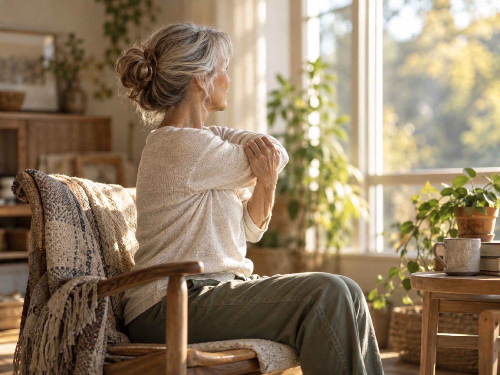 An older adult doing a gentle seated stretch beside a sunlit window at home.