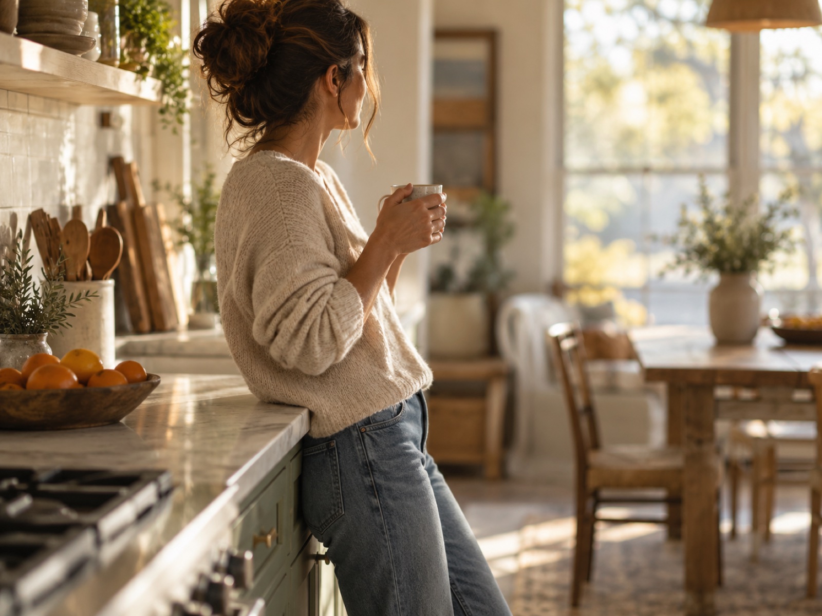 A person leaning gently against a sunlit kitchen counter, relaxed posture, seen from the side.