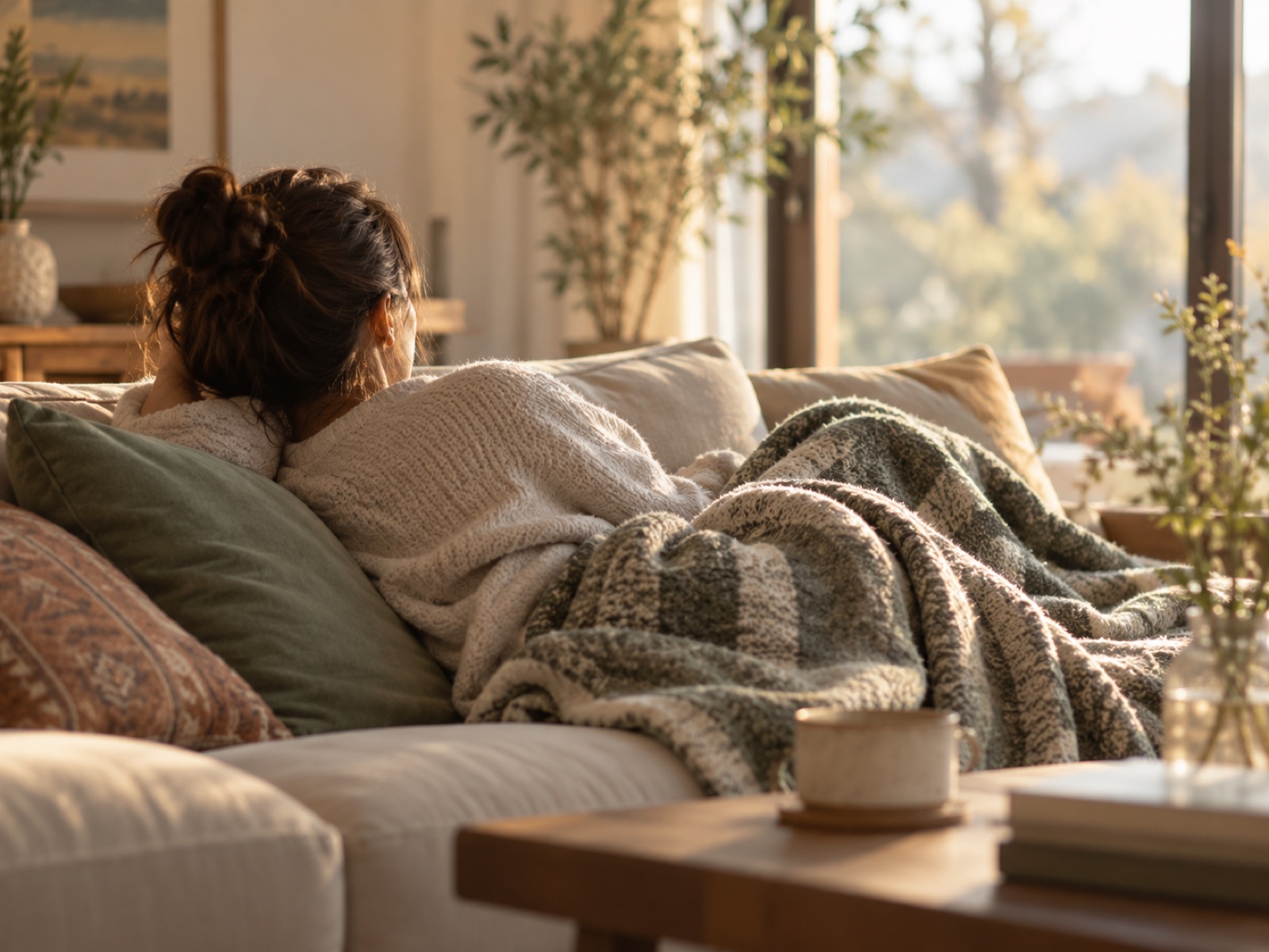 A person resting under a soft blanket on a sofa in warm afternoon light, calm and still.