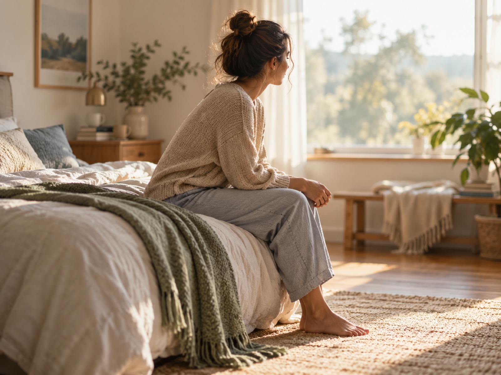 A person sitting on the edge of a bed in soft morning light, pausing thoughtfully before standing.