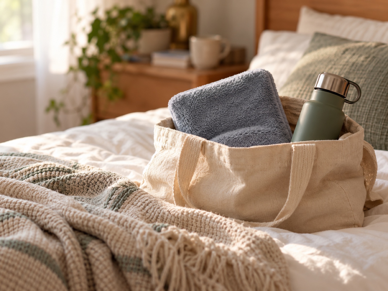 A small bag packed with a heating pad and water bottle resting on a bed, calm and prepared.