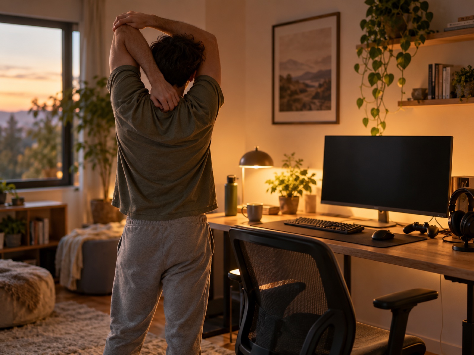 A person standing to stretch away from a desk and gaming setup in warm evening lamplight.