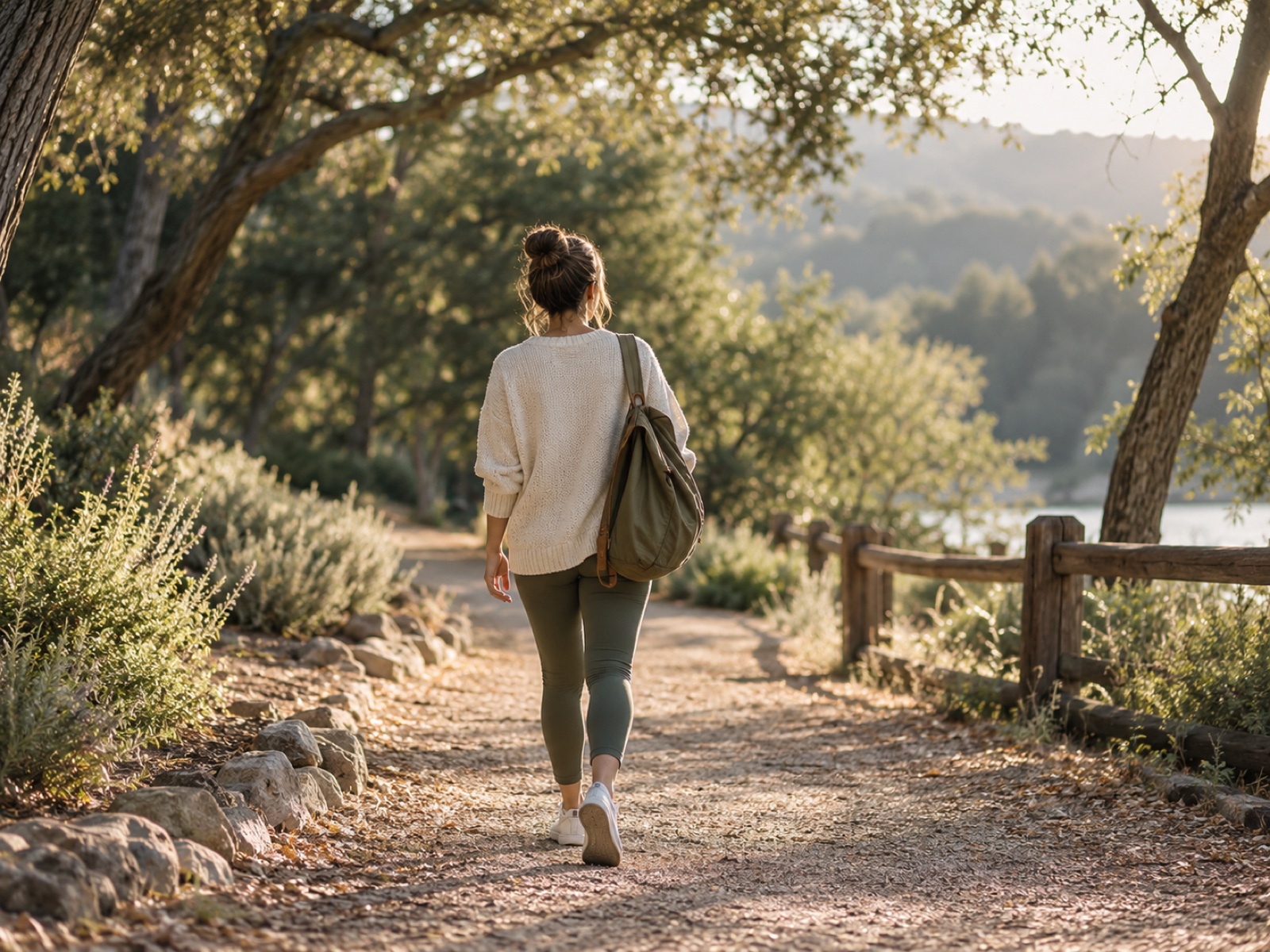 A person walking confidently along a tree-lined path in soft afternoon light, seen from behind.