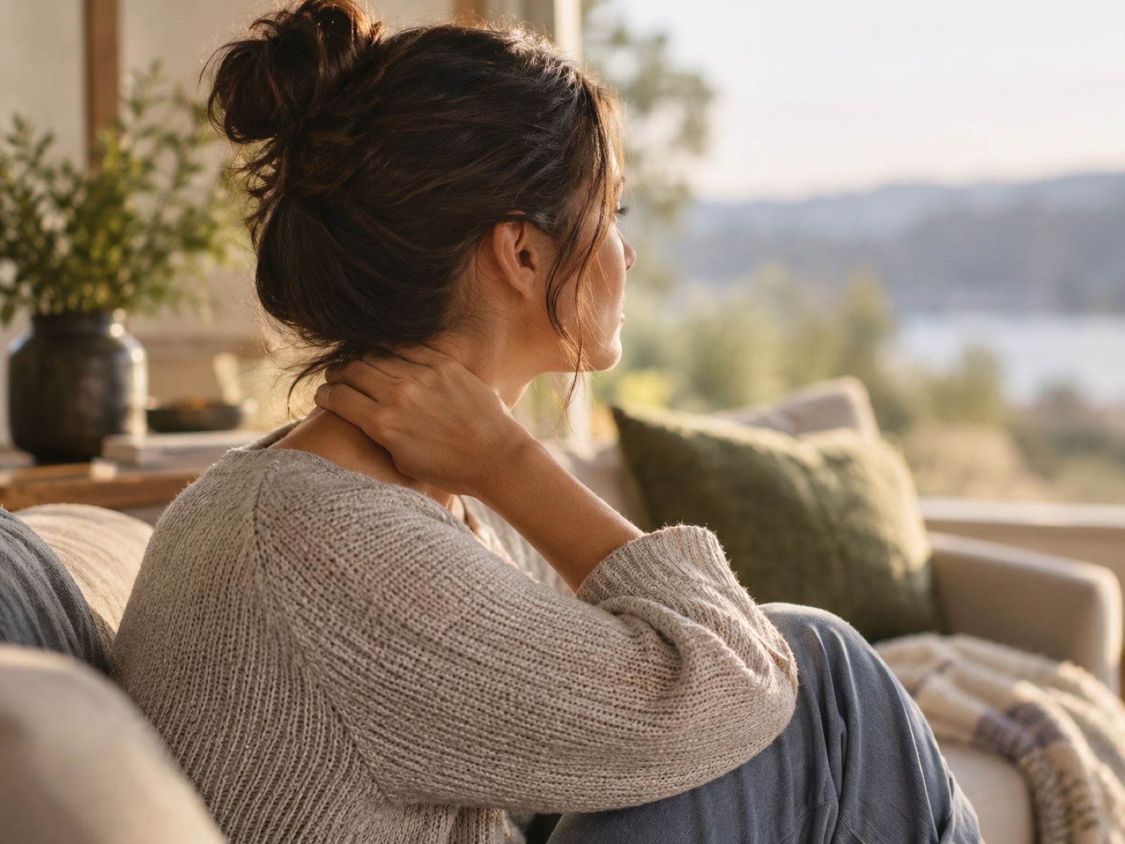A person sitting quietly with a hand resting gently at the base of their neck, calm and still.