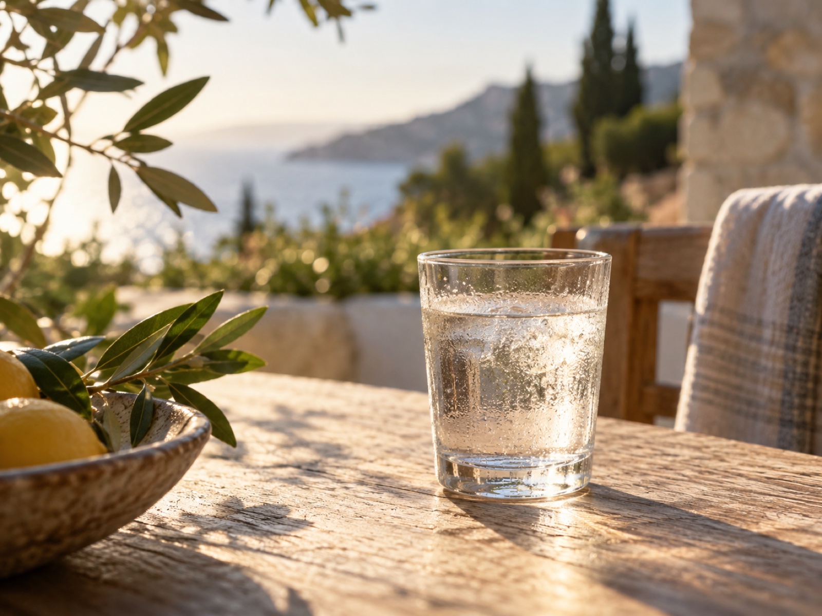 A glass of water with condensation on a sunlit table, warm outdoor light beyond.