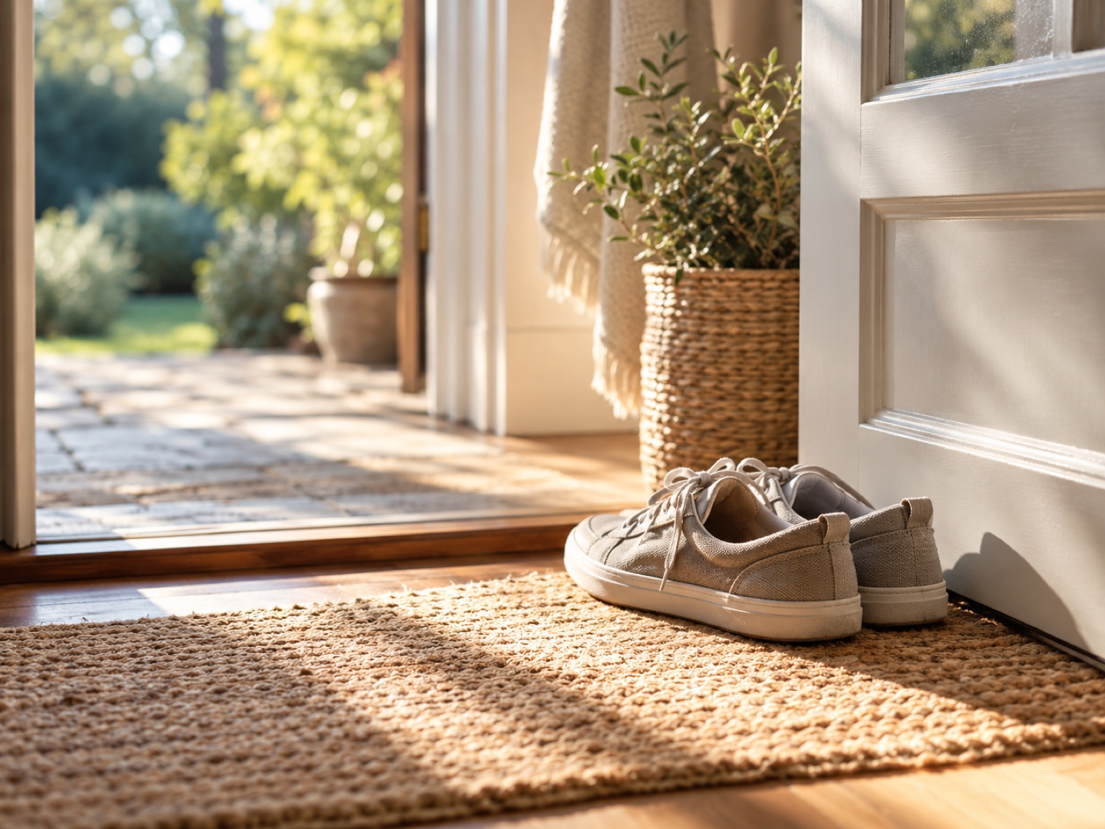 A pair of shoes resting neatly by a sunlit doorway, calm and ordinary.