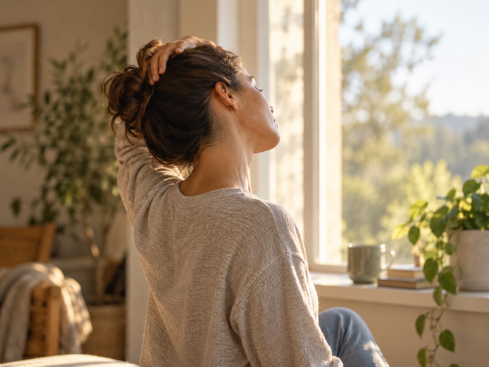 A person gently tilting their head in a slow neck stretch beside a sunlit window.