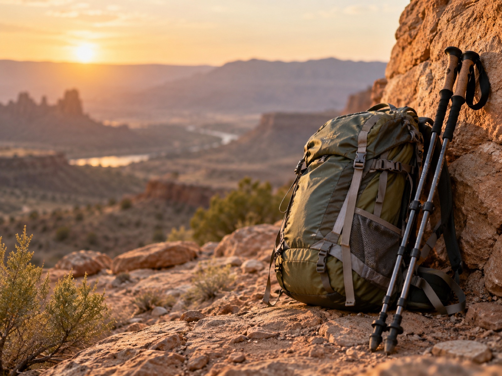 A hiking backpack and walking poles resting against warm desert rock in soft evening light.