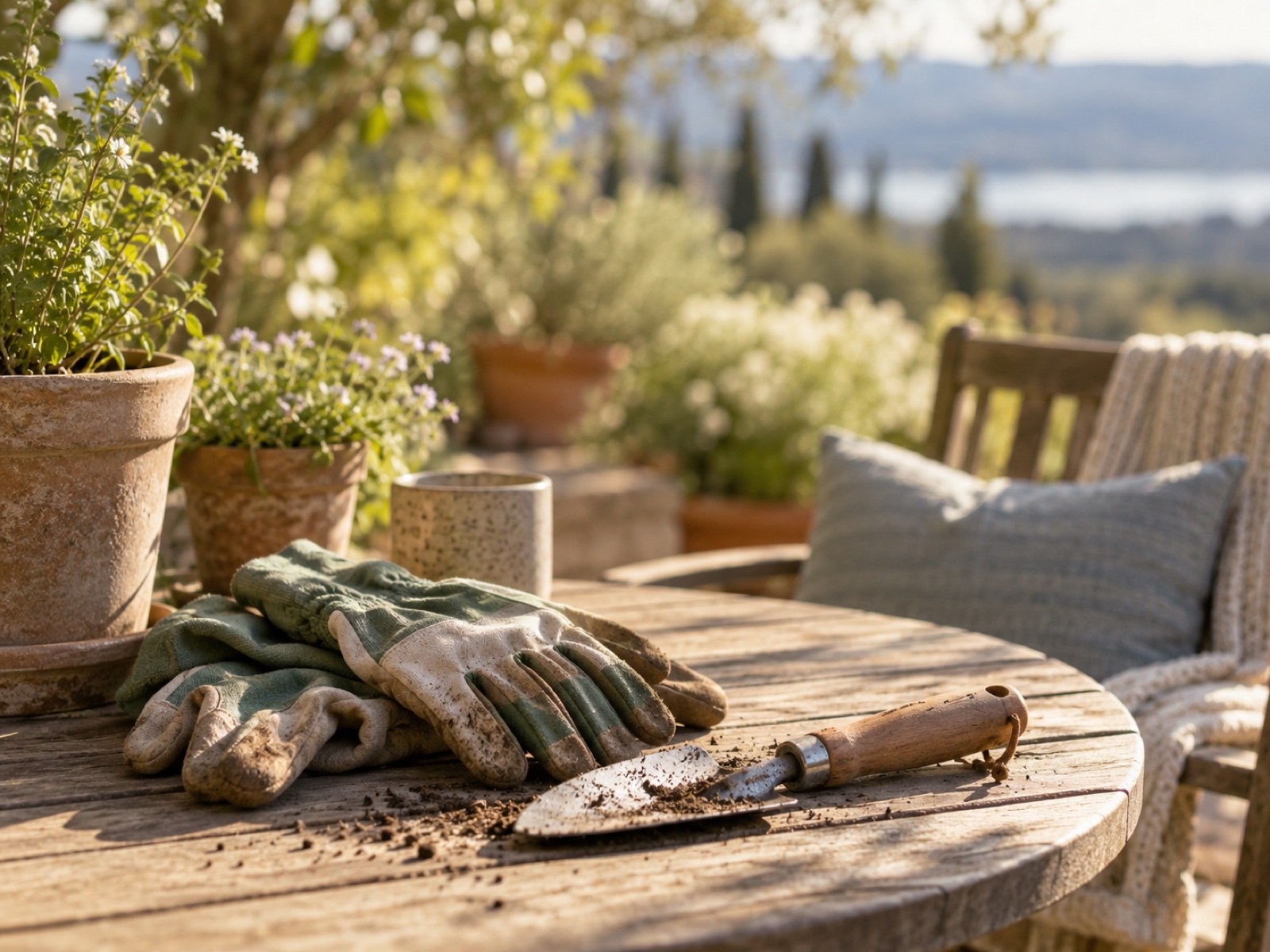 Gardening gloves and a small trowel resting on a sunlit patio table.