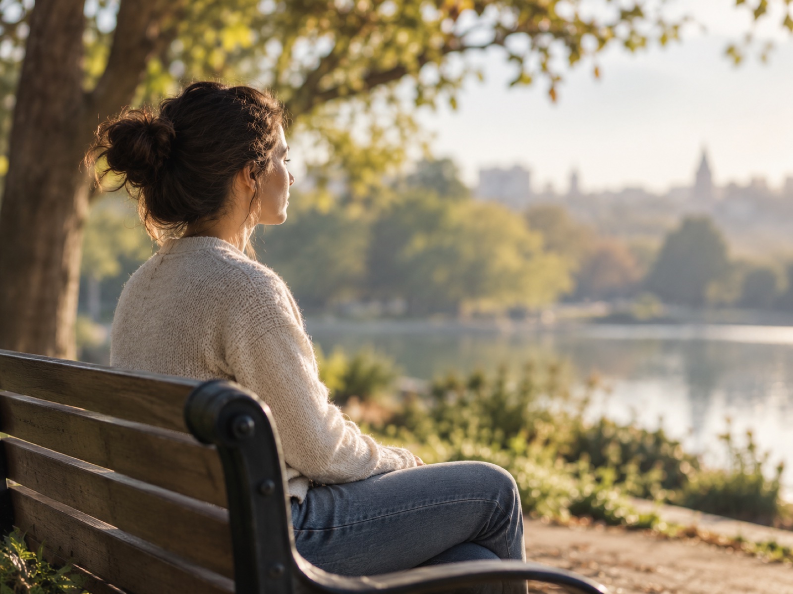 A person pausing on a park bench, sitting upright and attentive, calm morning light.