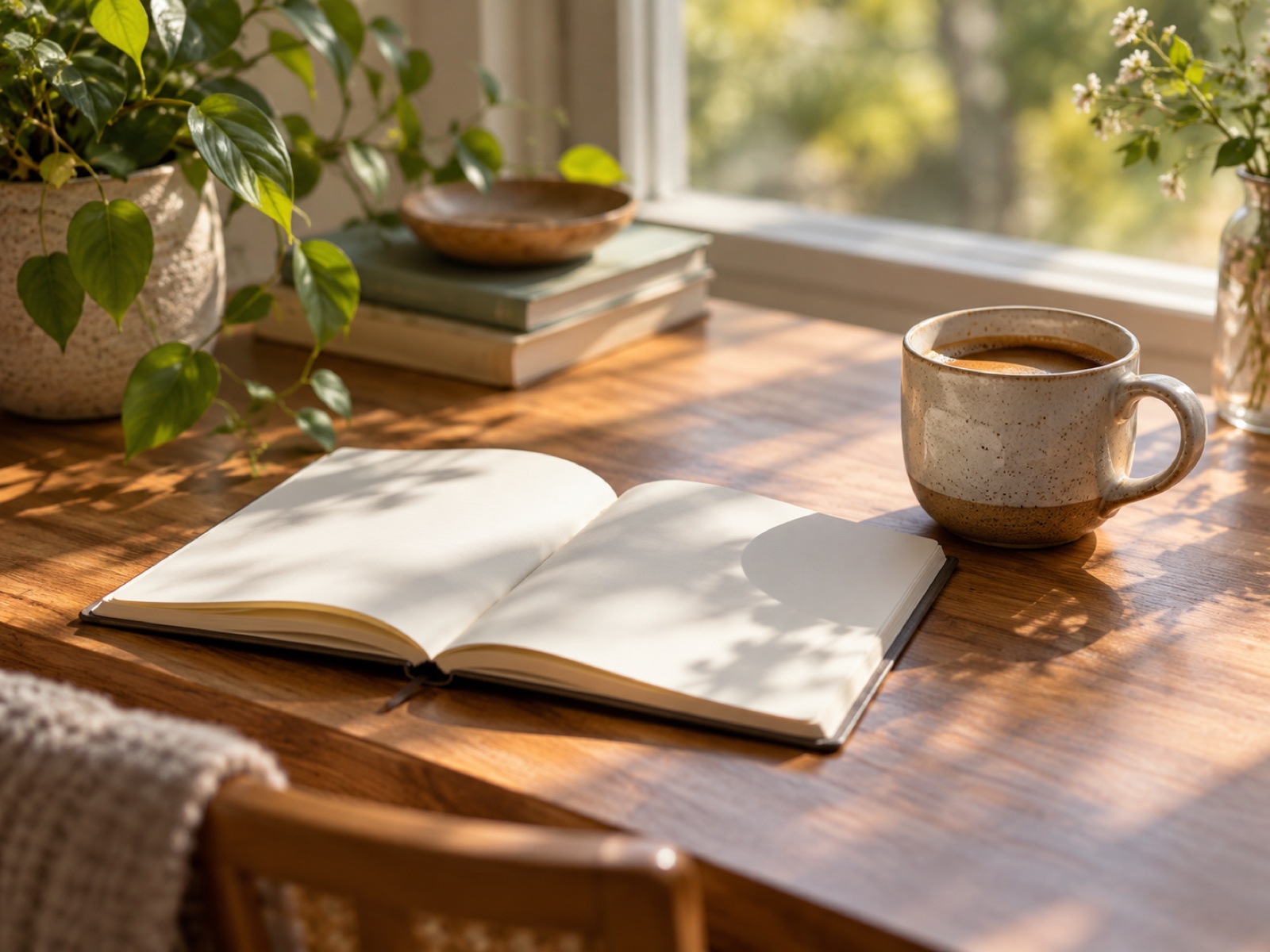 A cup of coffee and an open notebook on a sunlit desk, calm and orderly.