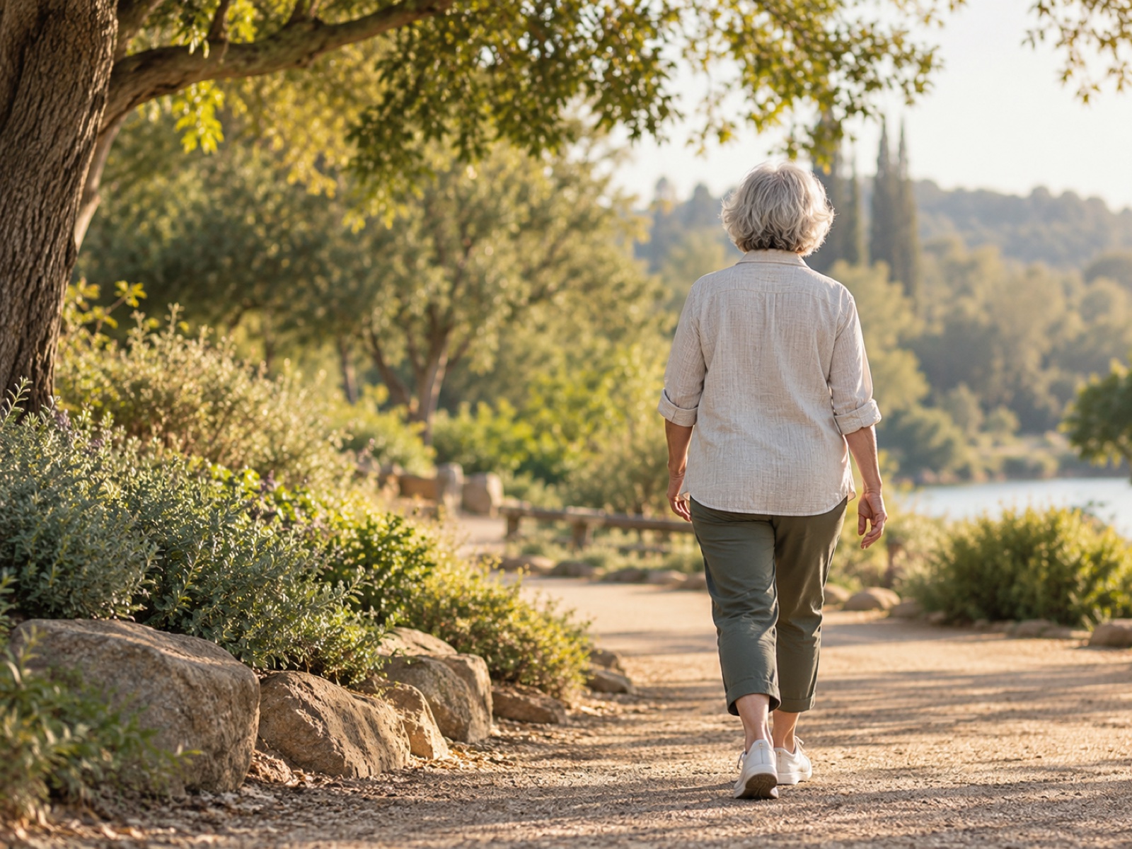An older adult walking steadily through a sunlit park, calm and confident, seen from behind.