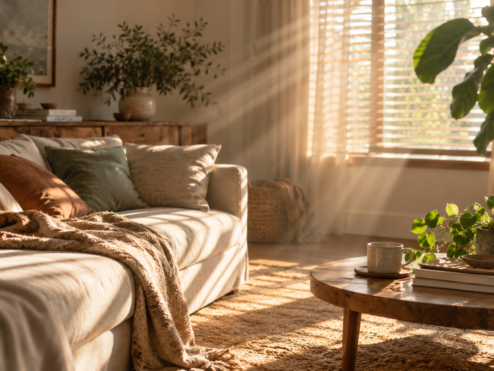 Warm sunlight streaming through blinds across a quiet room, soft beams of light.