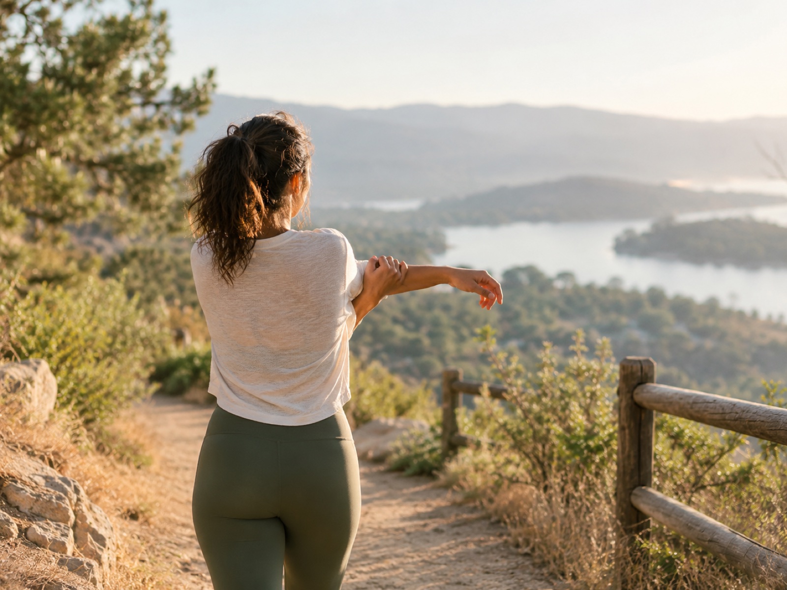 A person pausing mid-walk to stretch gently, calm morning light, seen from behind.
