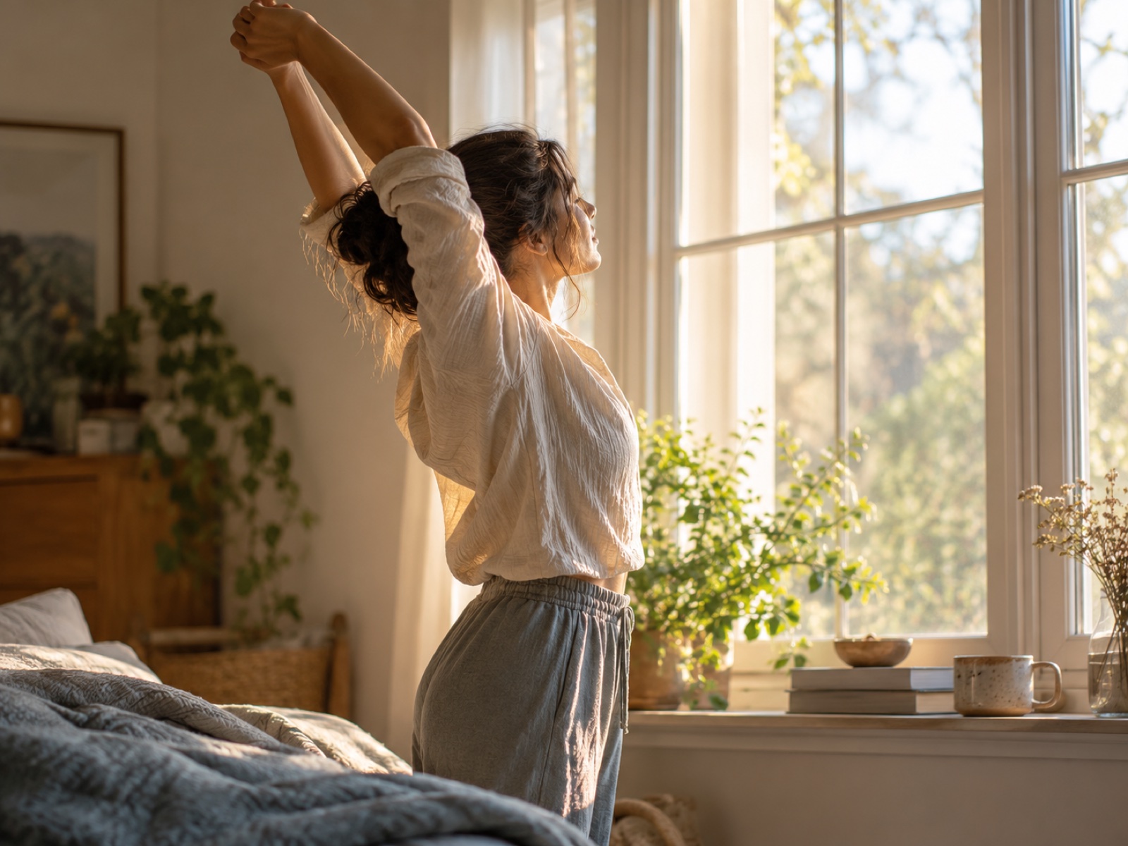 A woman stretching gently beside a sunlit window in the early morning, calm and unhurried.