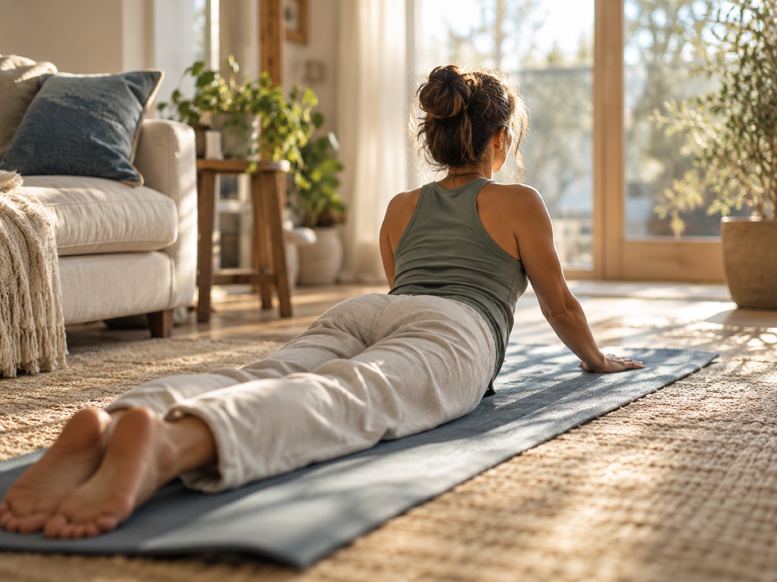 A person doing a gentle extension stretch on a mat in a sunlit room at home.