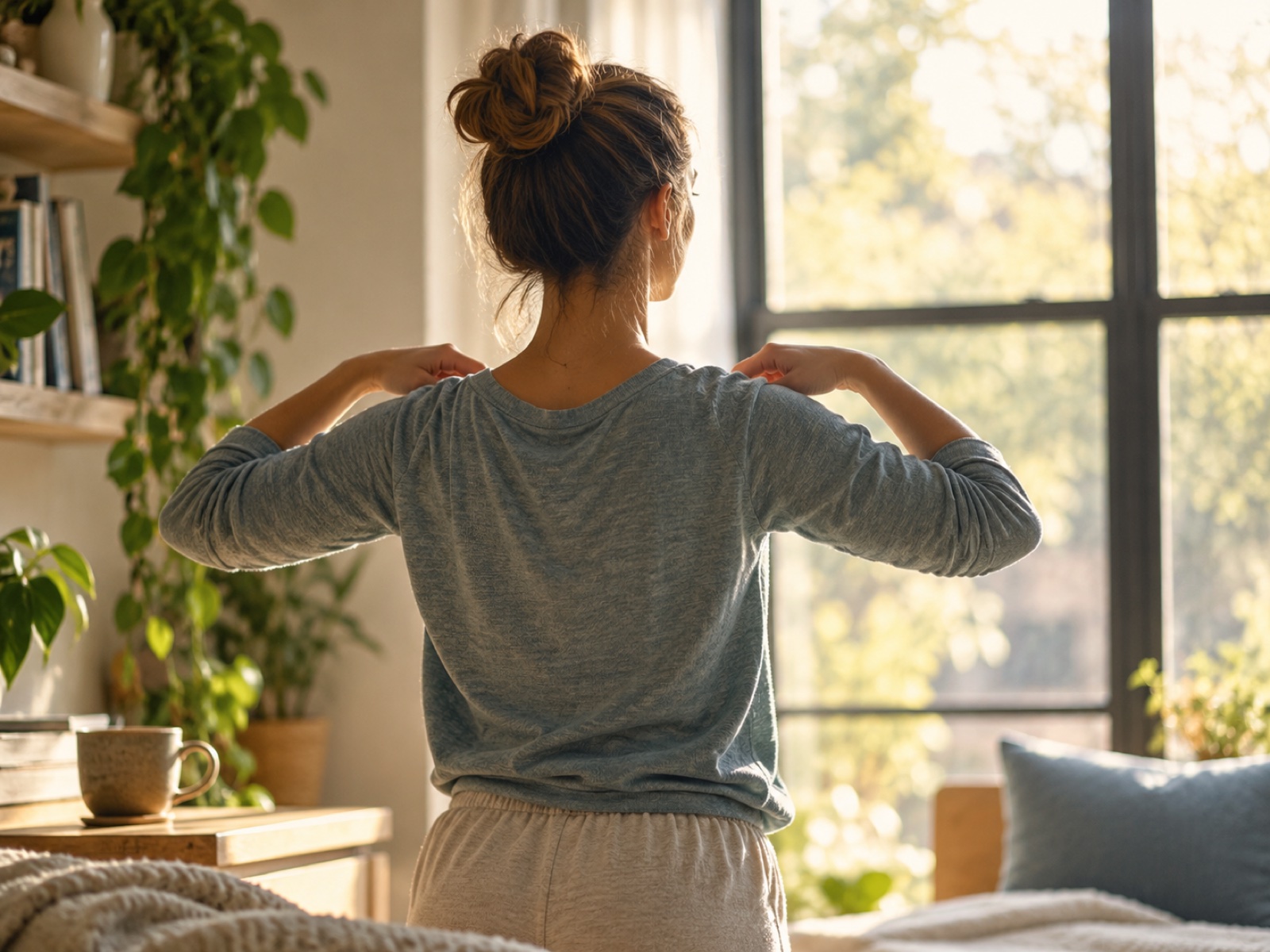 A person gently rolling their shoulders by a sunlit window, calm and unhurried.