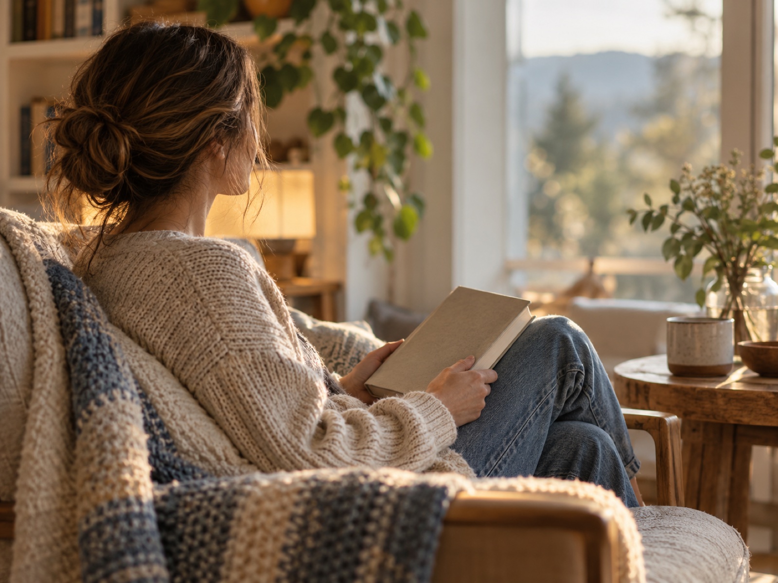 A person pausing quietly in a reading nook, calm soft light, seen from the side.